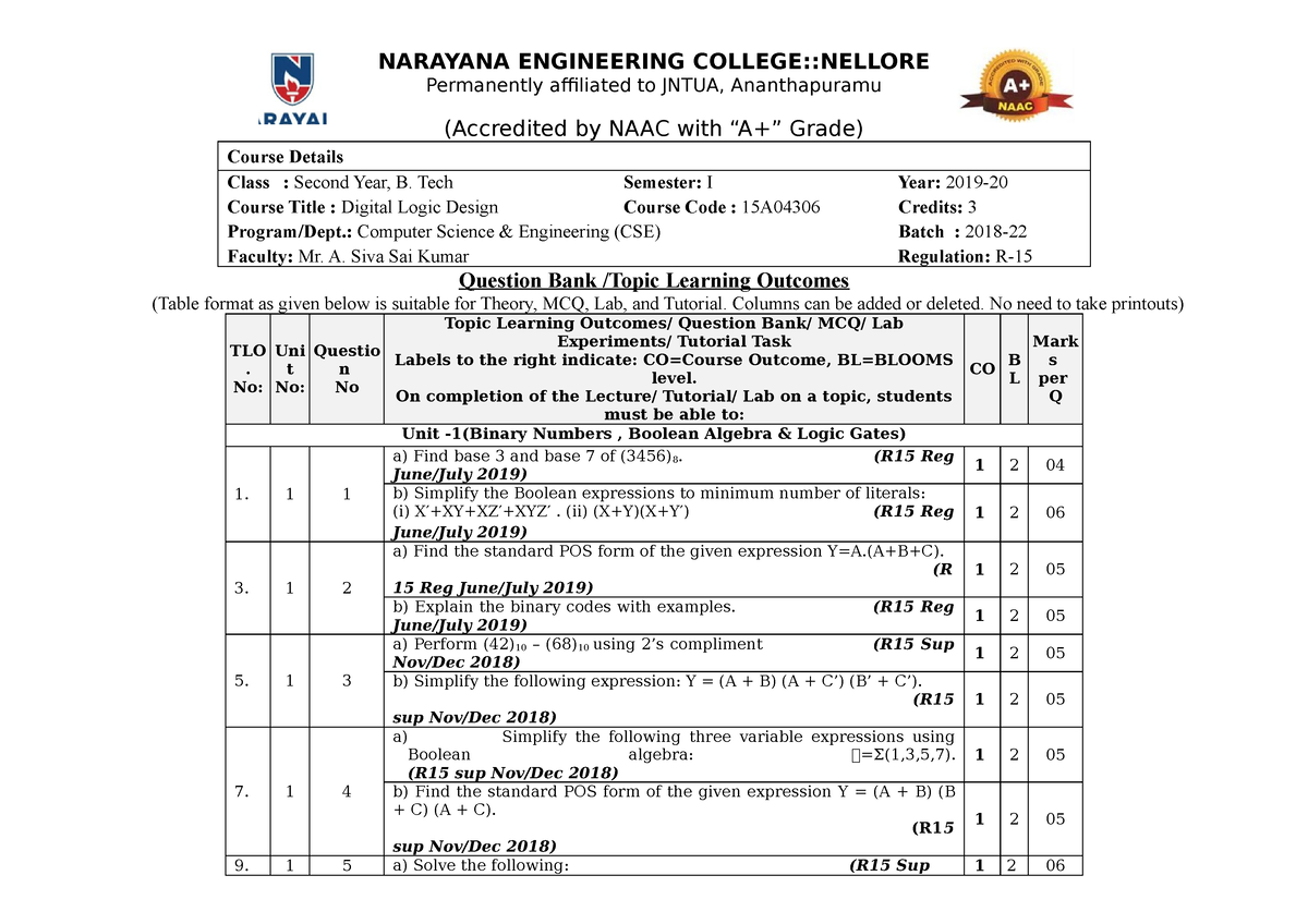 Question BANK notes NARAYANA ENGINEERING COLLEGE NELLORE