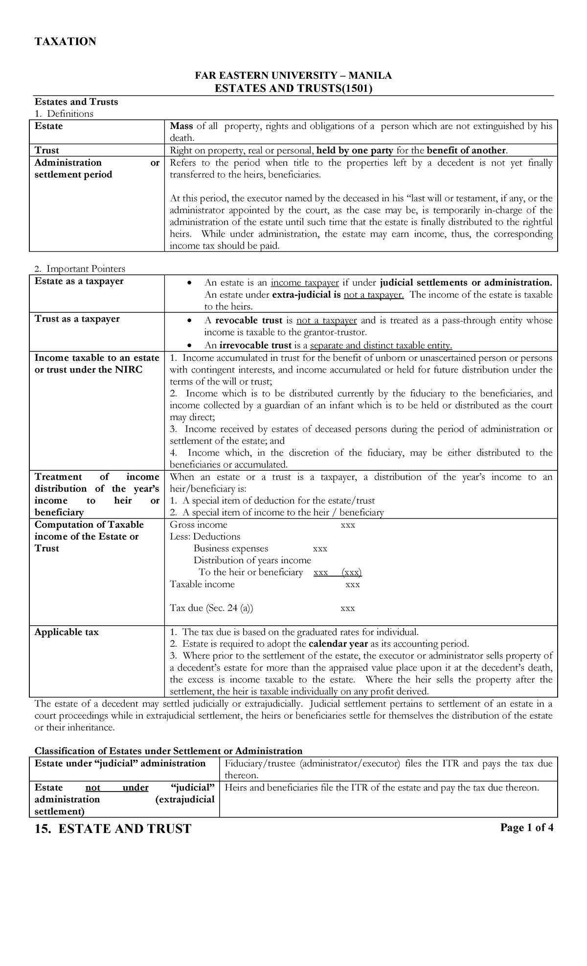 15. Estates and trust - taxation - TAXATION FAR EASTERN UNIVERSITY ...