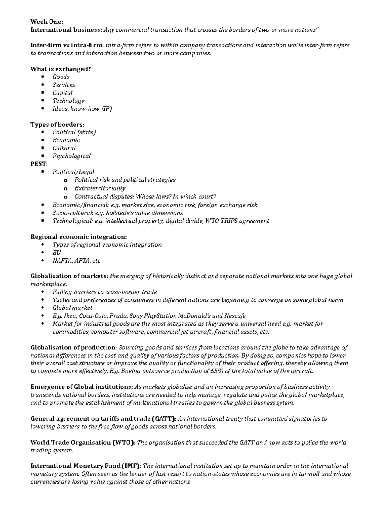MGMT1101-Notes - notes - Week One: International business: Any ...