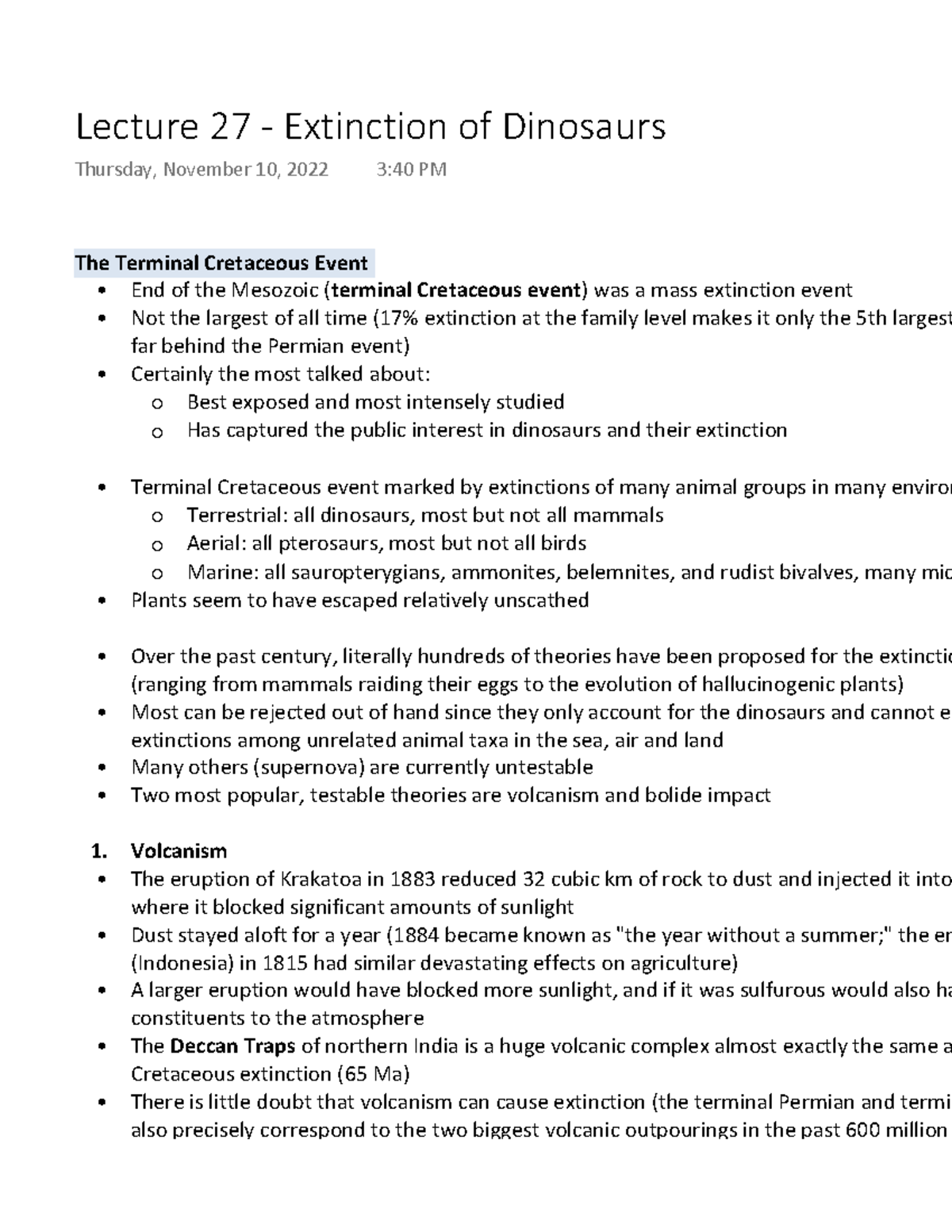 Lecture 27 Extinction of Dinosaurs The Terminal Cretaceous Event