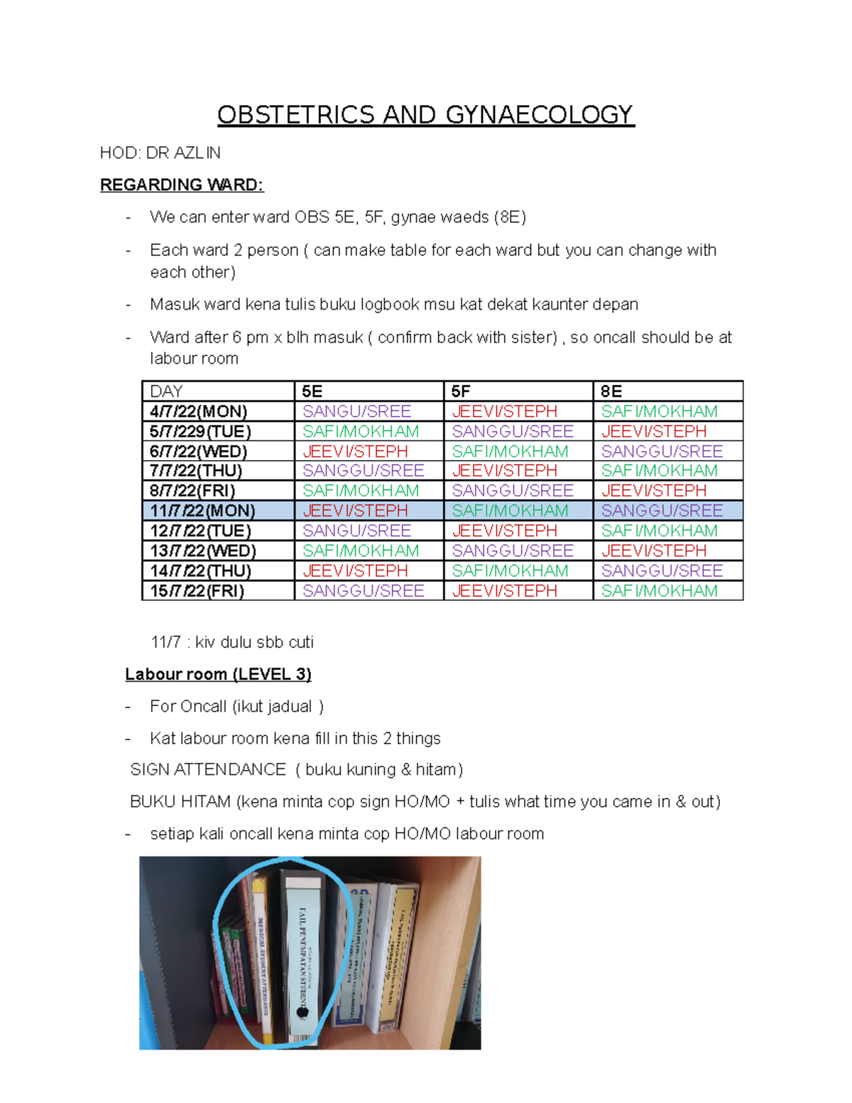 ONG A1 - pmr - OBSTETRICS AND GYNAECOLOGY HOD: DR AZLIN REGARDING WARD ...