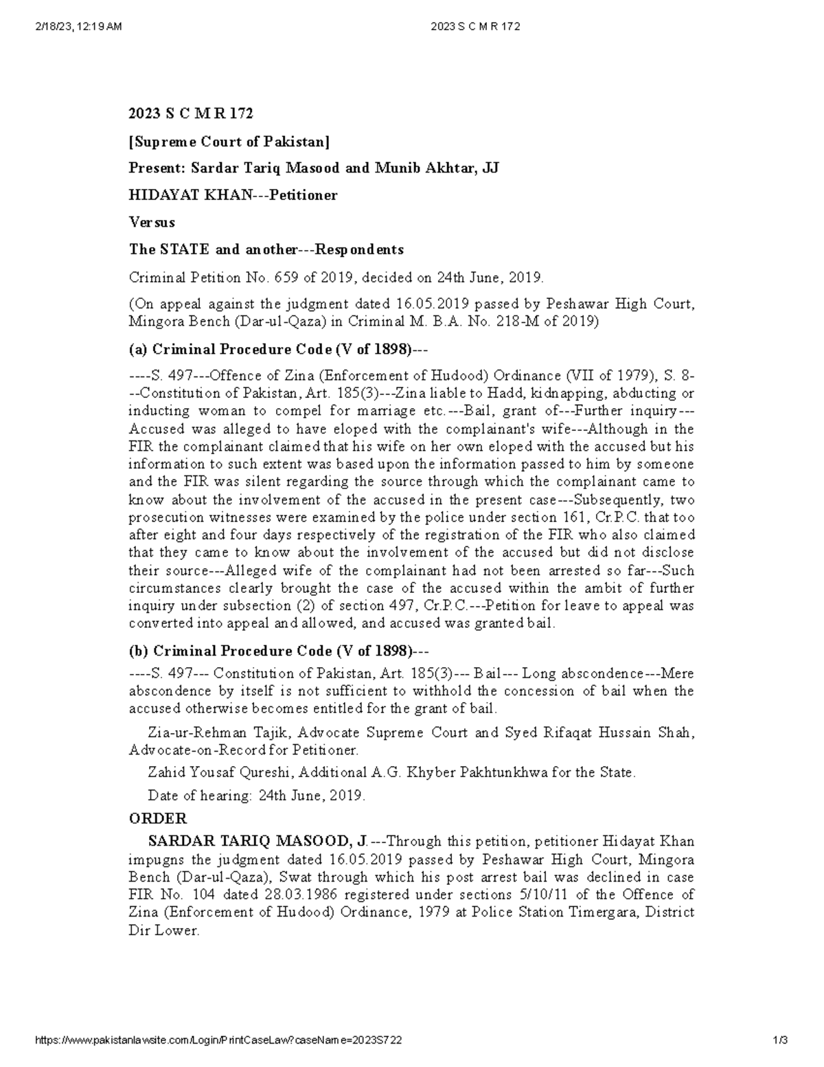 2023 SCMR 172 Case Laws on the judgements of Supreme Court 2/18/23