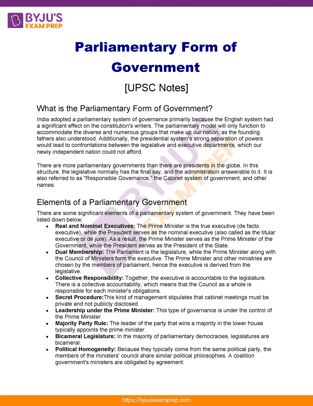 essay on parliamentary form of government