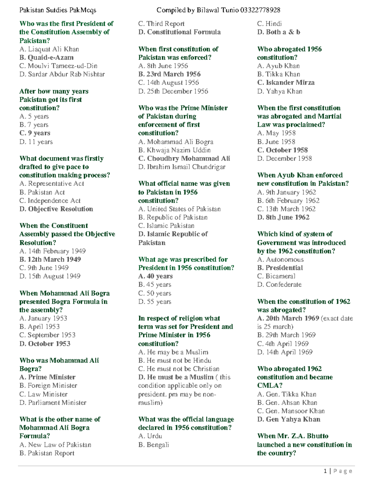 Pakistan Studies Mcqs by Bilawal Tunios - Who was the first President ...