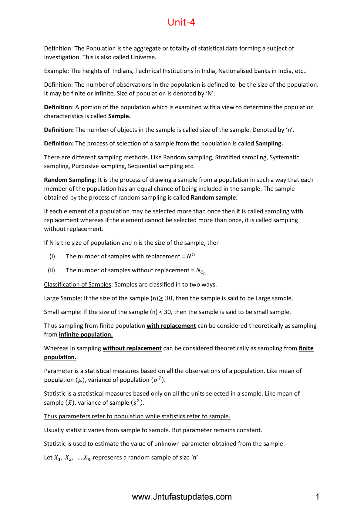 Unit4 - it may help ful - Definition: The Population is the aggregate ...