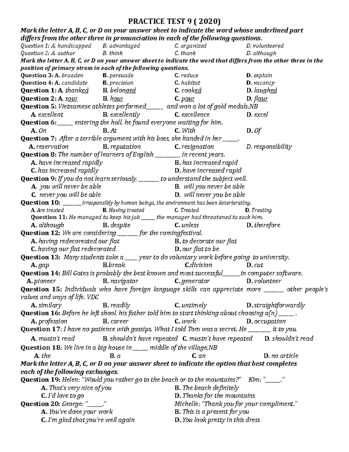 Test-9 Bài Giảng Ssss - Practice Test 9 ( 2020) Mark The Letter A, B, C 