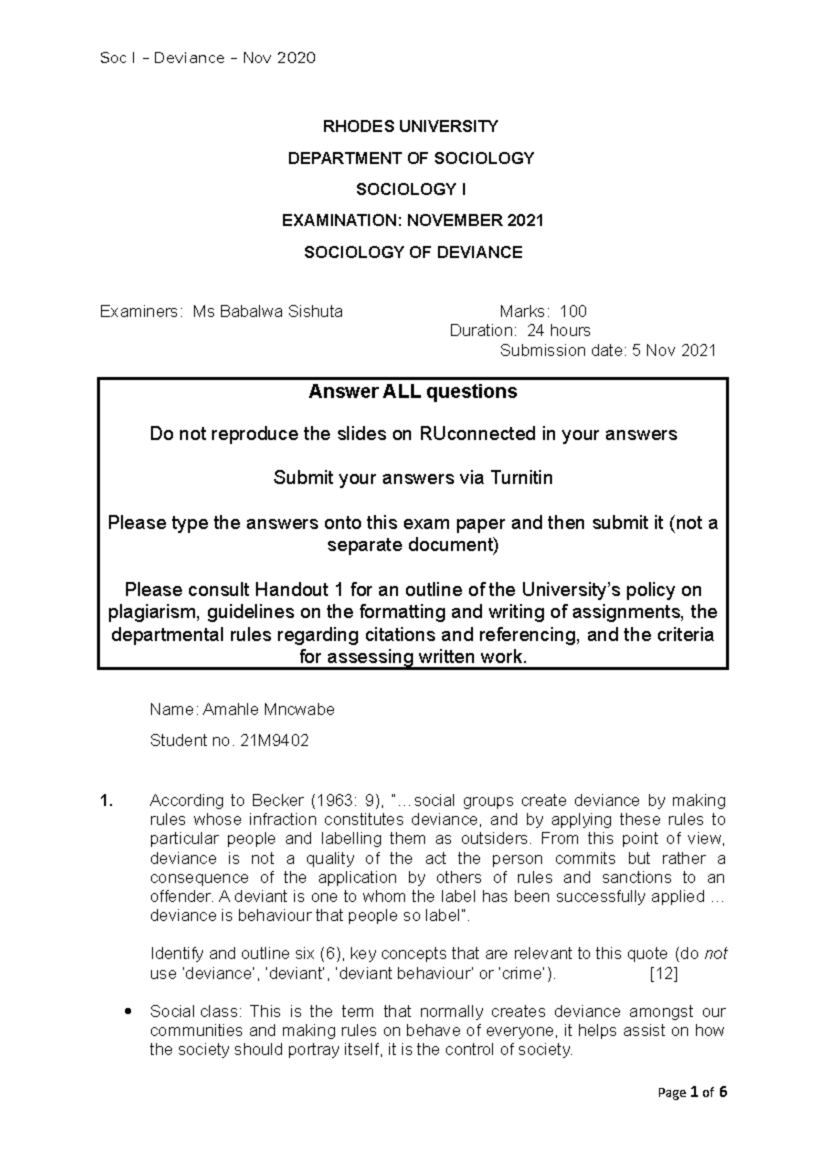 Deviance Nov exam - RHODES UNIVERSITY DEPARTMENT OF SOCIOLOGY SOCIOLOGY ...