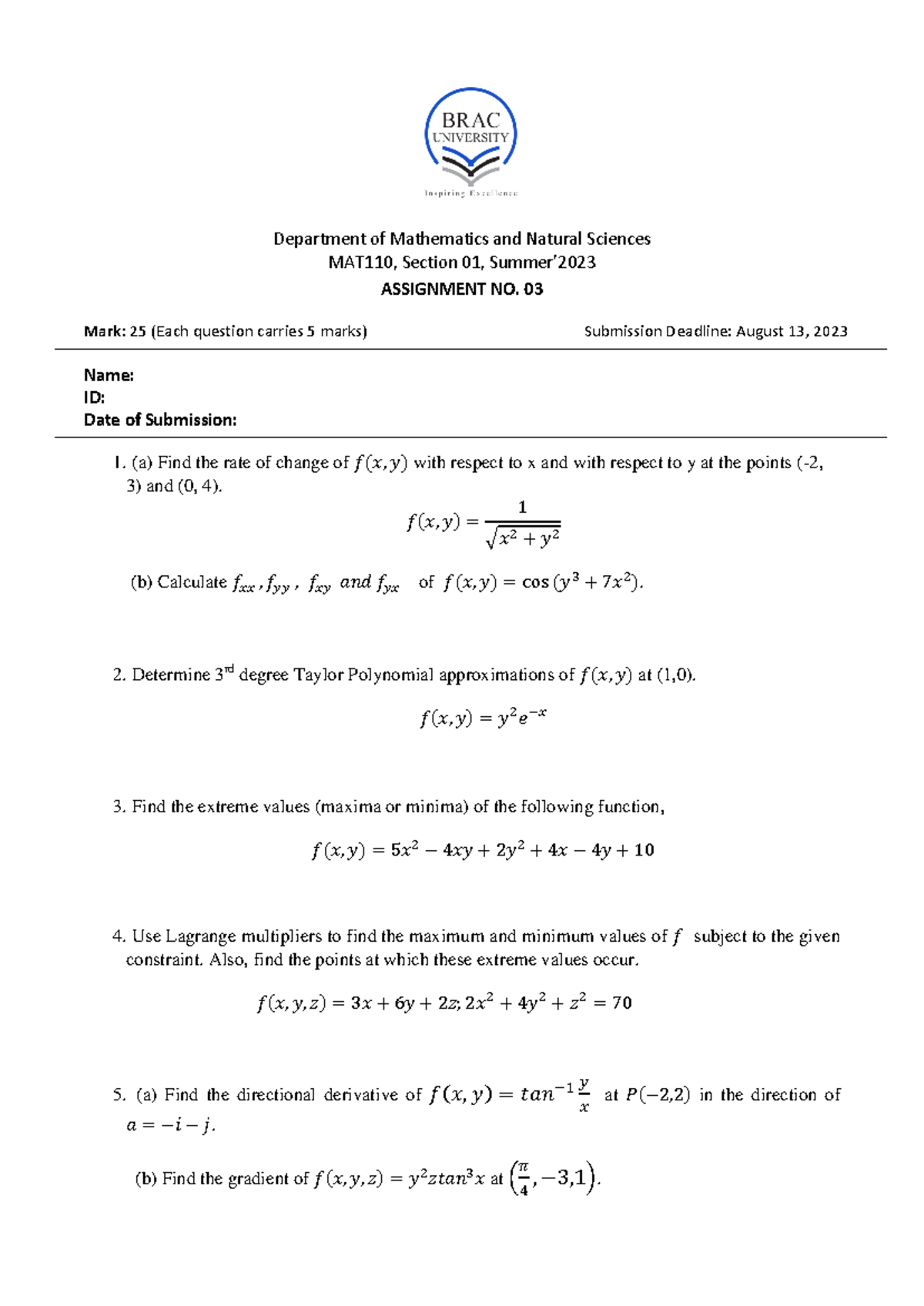 Assignment No 3 - Department Of Mathematics And Natural Sciences Mat 