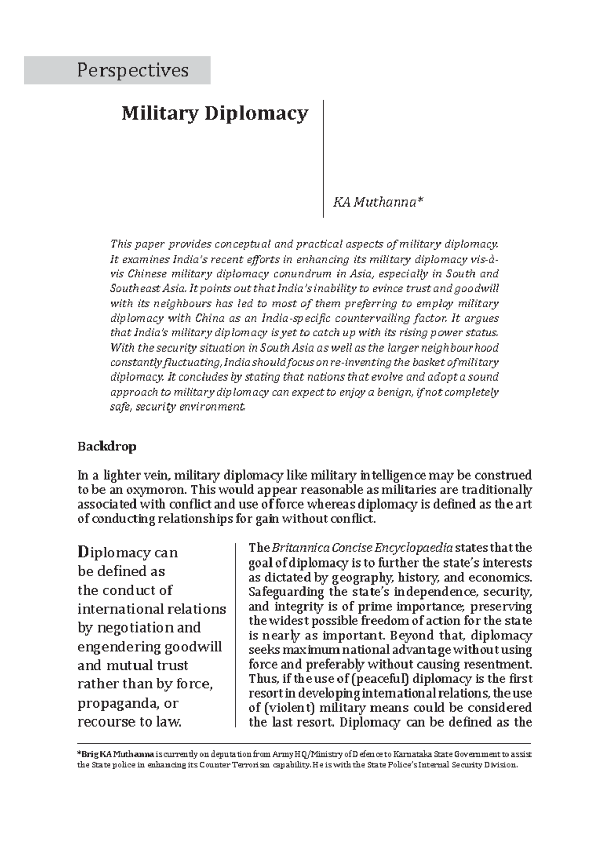 India and Military Diplomacy - This paper provides conceptual and ...