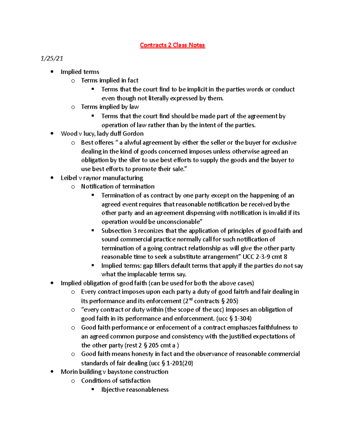Contracts 2-Class Notes - Contracts 2 Class Notes 1/25/ Implied terms o ...