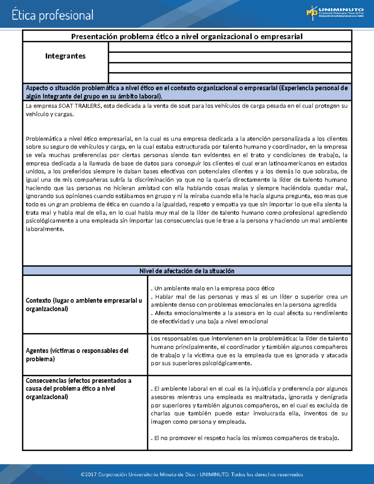 Actividad 3 Elección De Un Problema ético En El ámbito Organizacional 