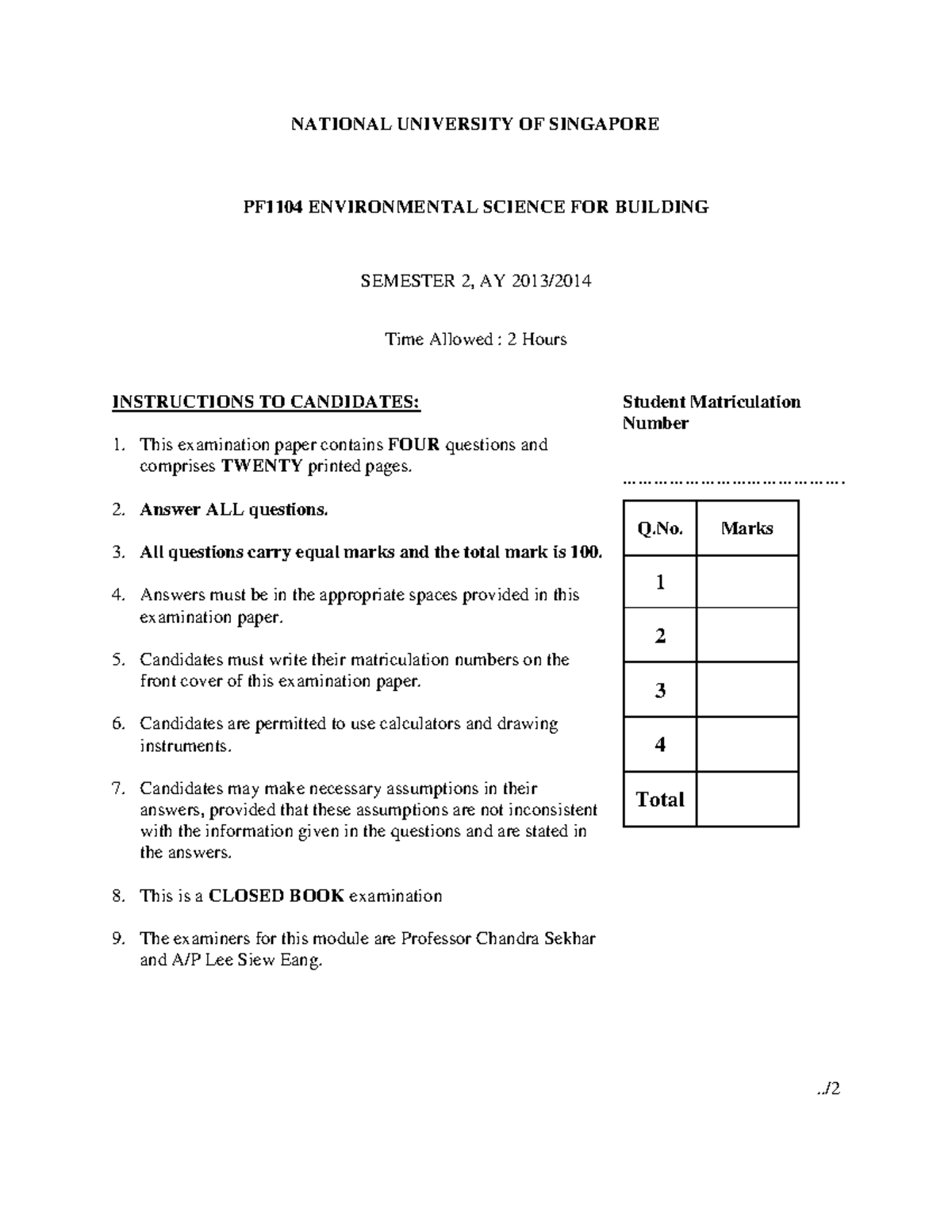 Exam 2013, questions - NATIONAL UNIVERSITY OF SINGAPORE PF1104 ...