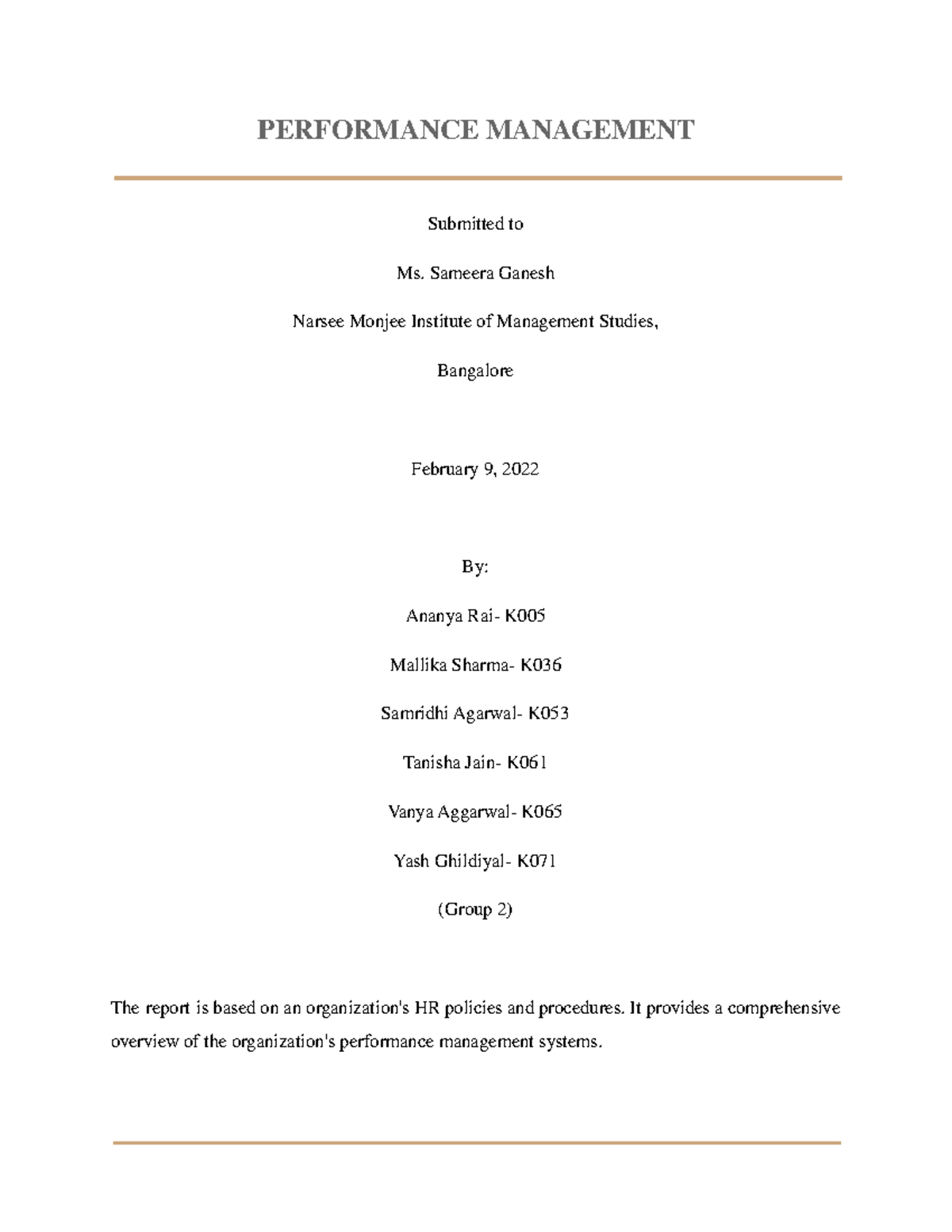 Report - PERFORMANCE MANAGEMENT Submitted to Ms. Sameera Ganesh Narsee ...