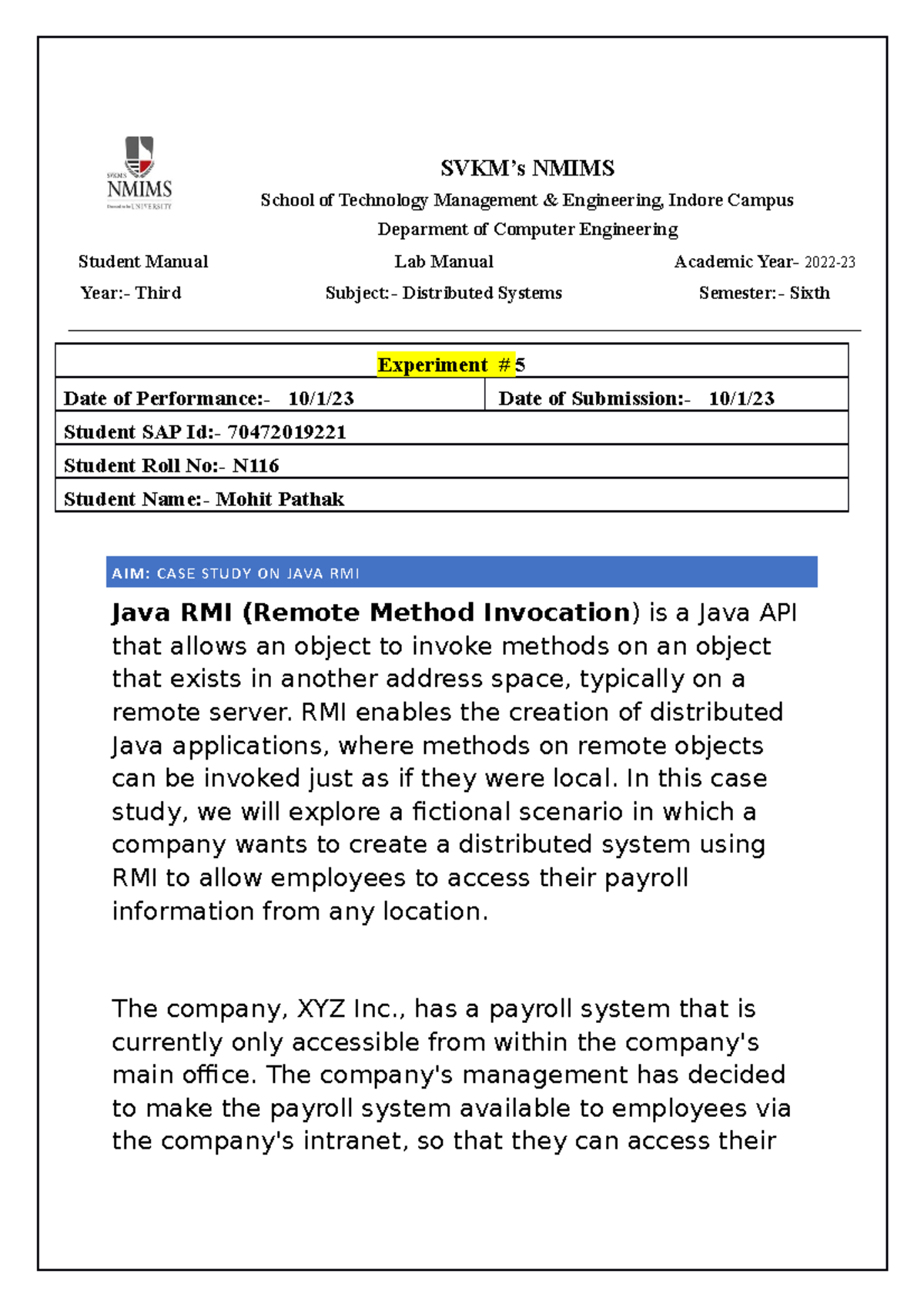 Lab5(java rmi) - This is a case study on JAVA RMI - SVKM’s NMIMS School ...