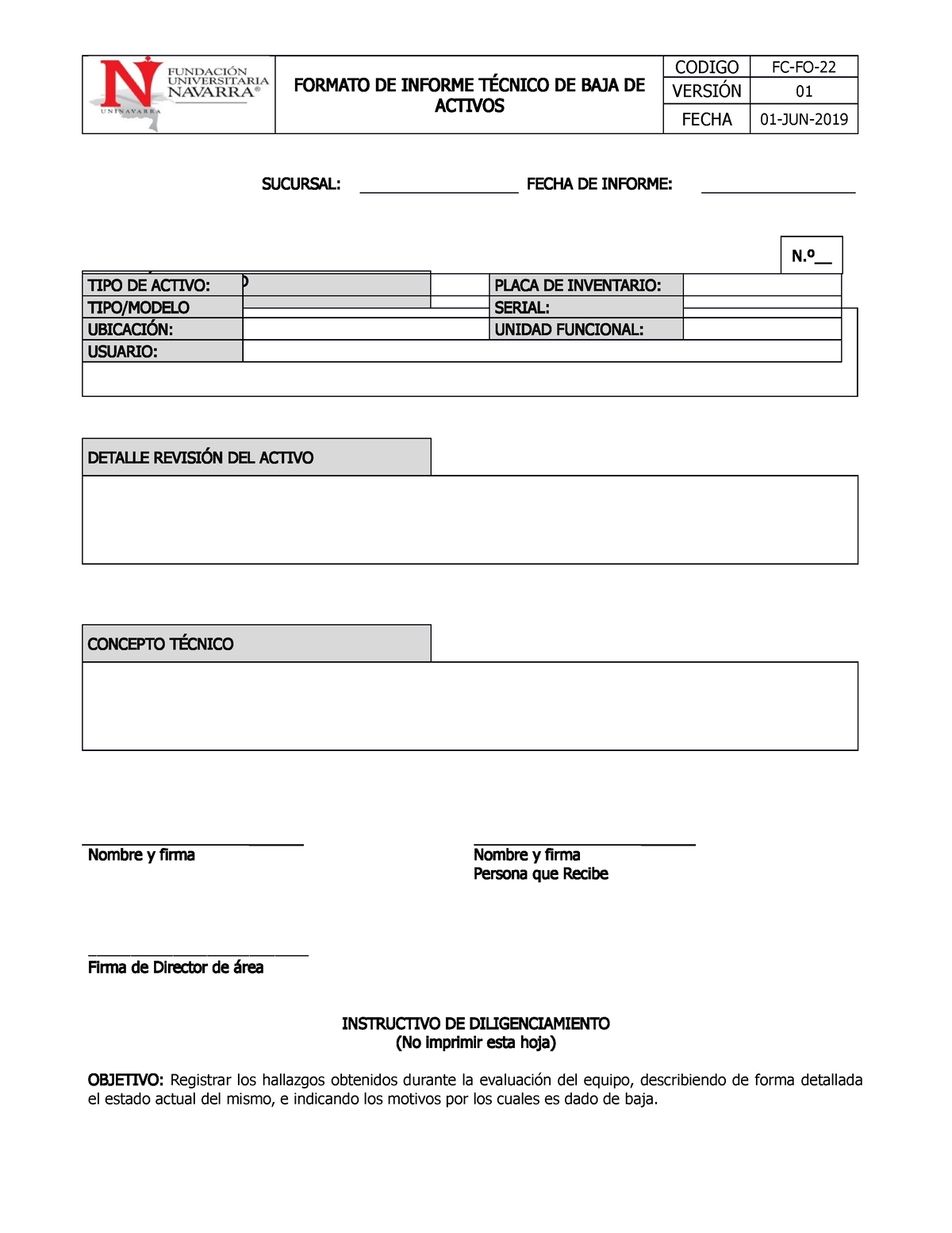 FC FO 22 Formato DE Informe Técnico DE BAJA DE Activos 1 - FORMATO DE INFORME  TÉCNICO DE BAJA DE - Studocu