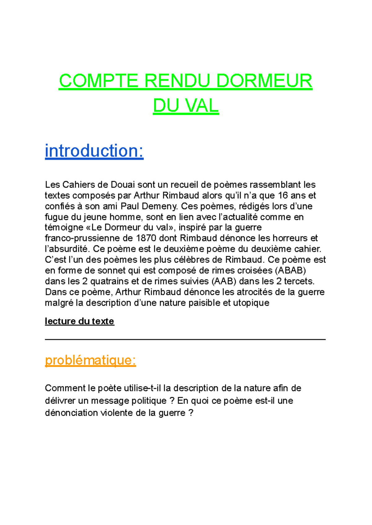 Texte 11 le dormeur du val - COMPTE RENDU DORMEUR DU VAL introduction ...