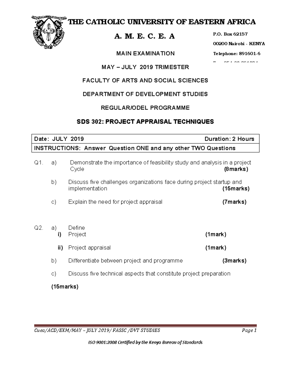 EAE 412 Project Appraisal - THE CATHOLIC UNIVERSITY OF EASTERN AFRICA ...