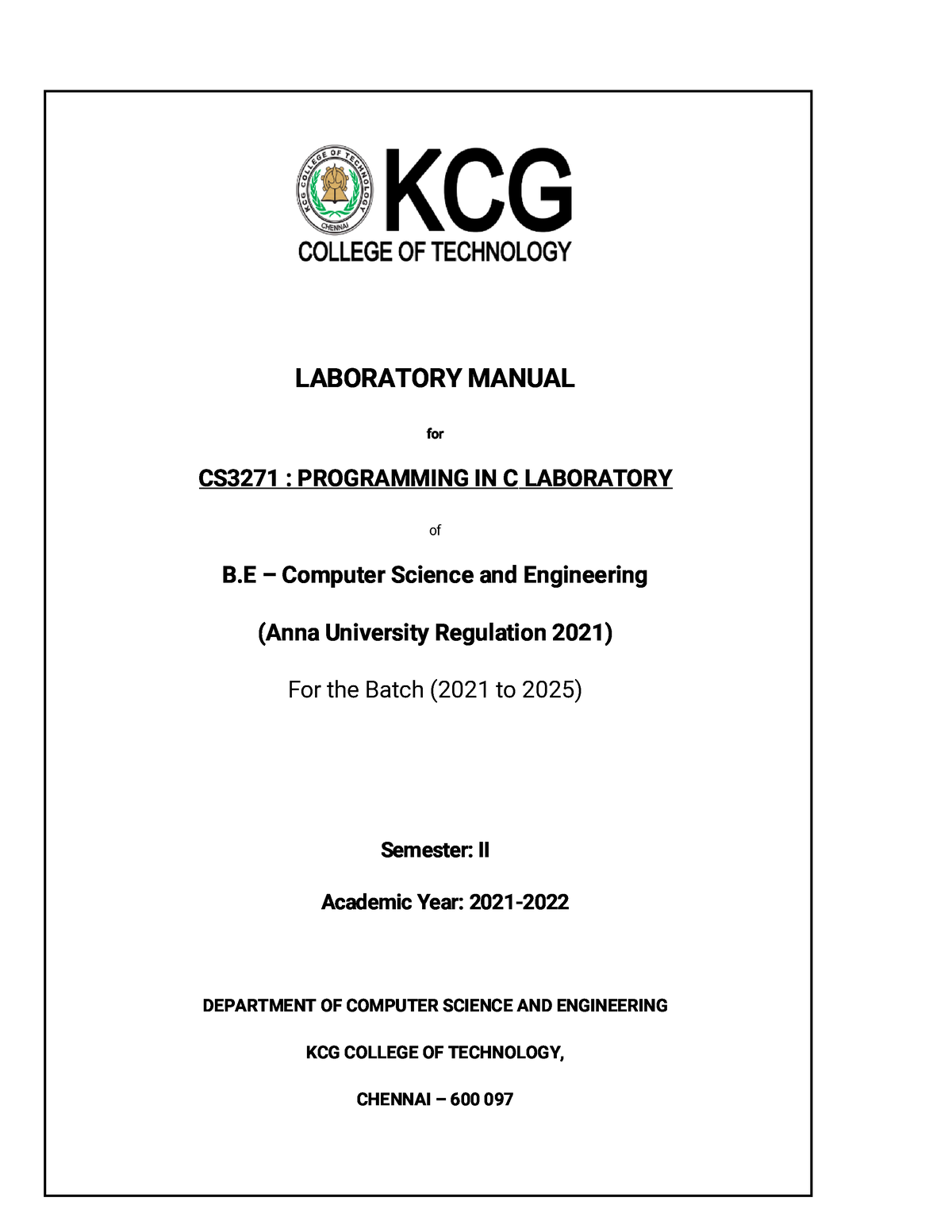 Cmanual - Cp Manual - LABORATORY MANUAL For CS3271 : PROGRAMMING IN C ...