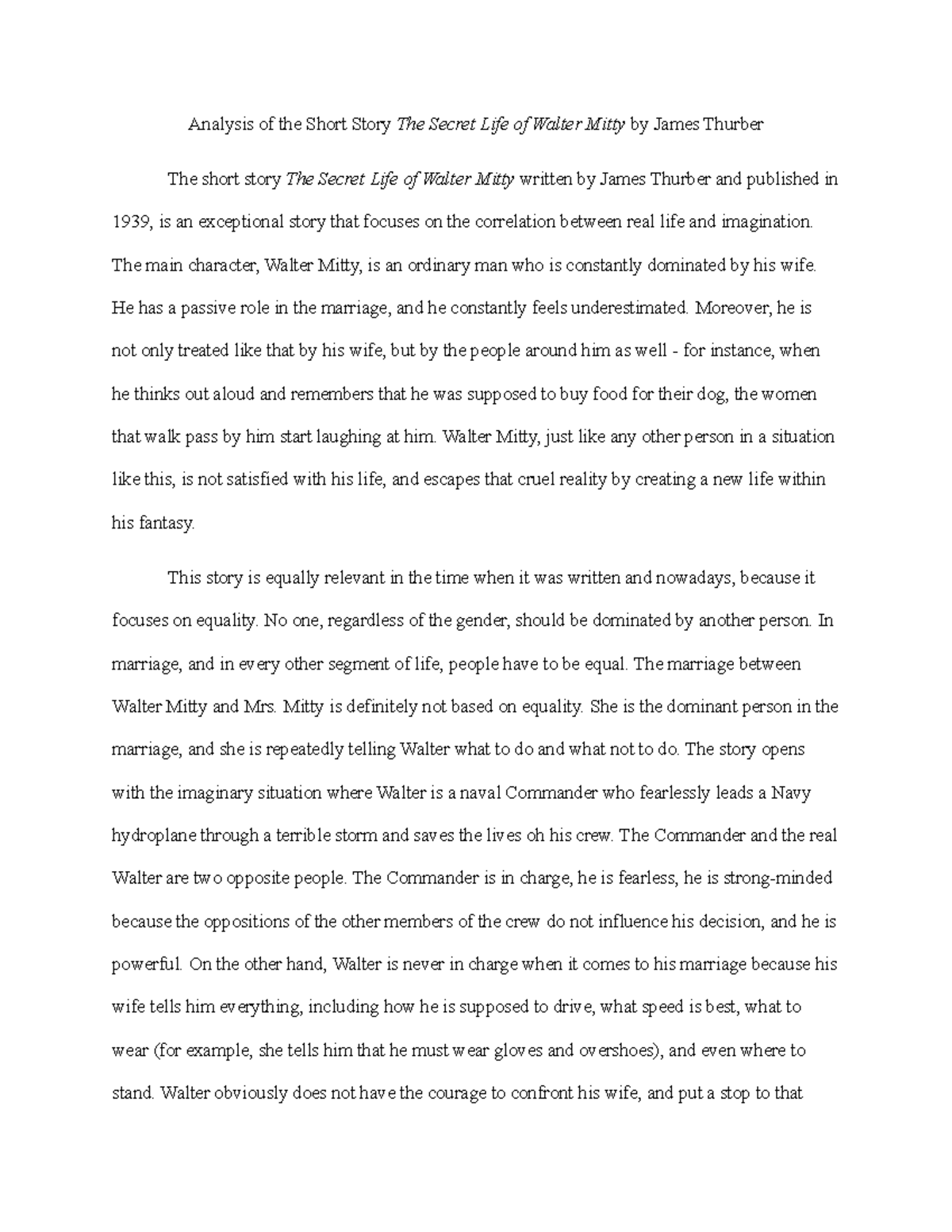 Analysis of the Short Story The Secret Life of Walter Mitty by James ...
