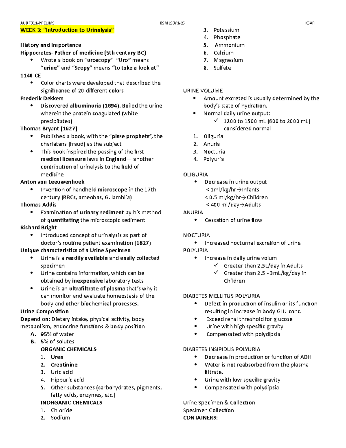 Introduction To Urinalysis WEEK 3 “Introduction to Urinalysis
