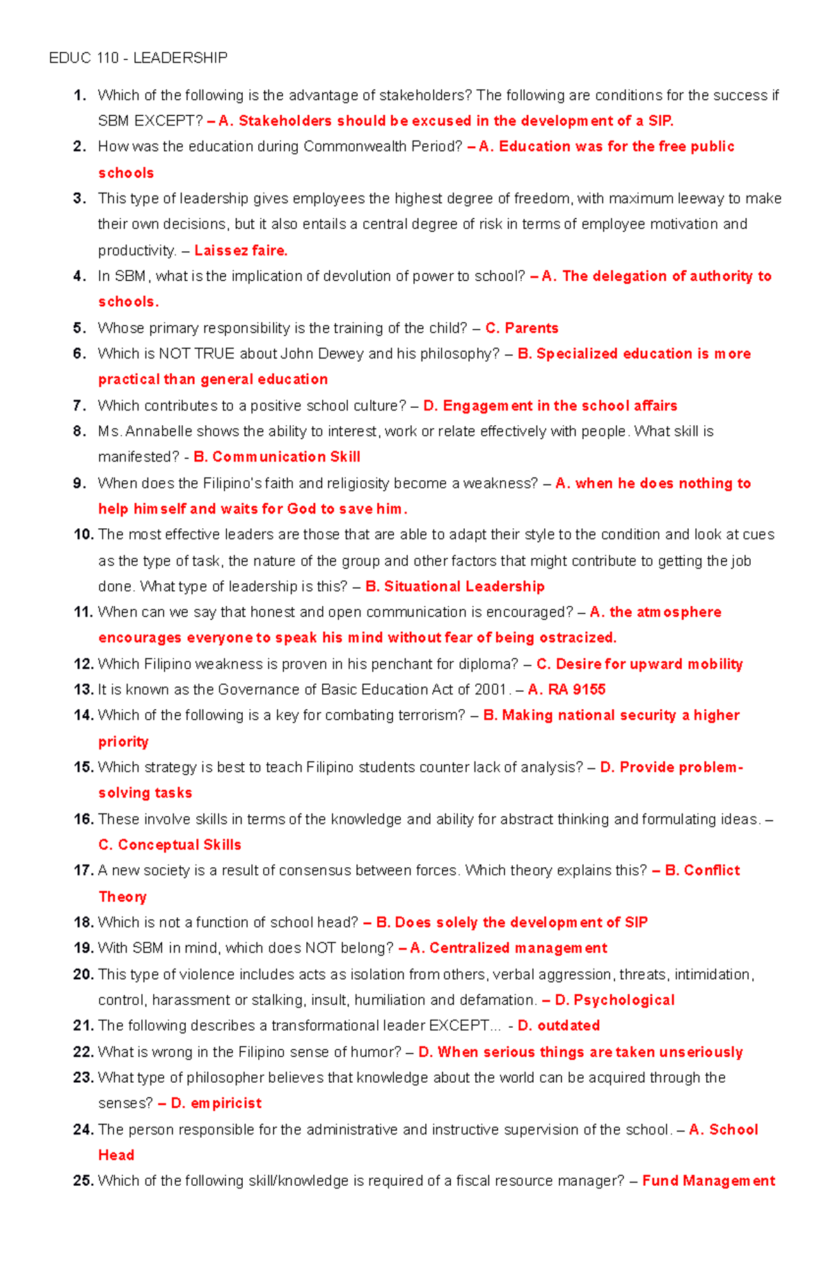 EDUC 110 - Drill & Answer - EDUC 110 - LEADERSHIP Which of the ...