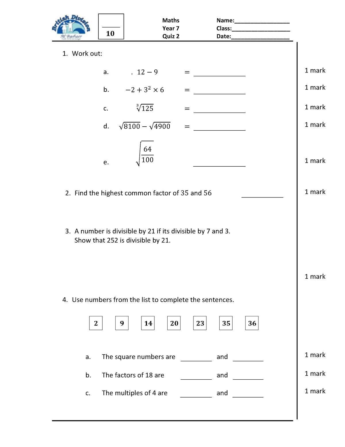 Term 1 - Quiz 2 2021-22 - Work out: a. . 12െ 9 ൌ b. െ 2 ൅ 3 ଶ ൈ 6 ൌ c ...