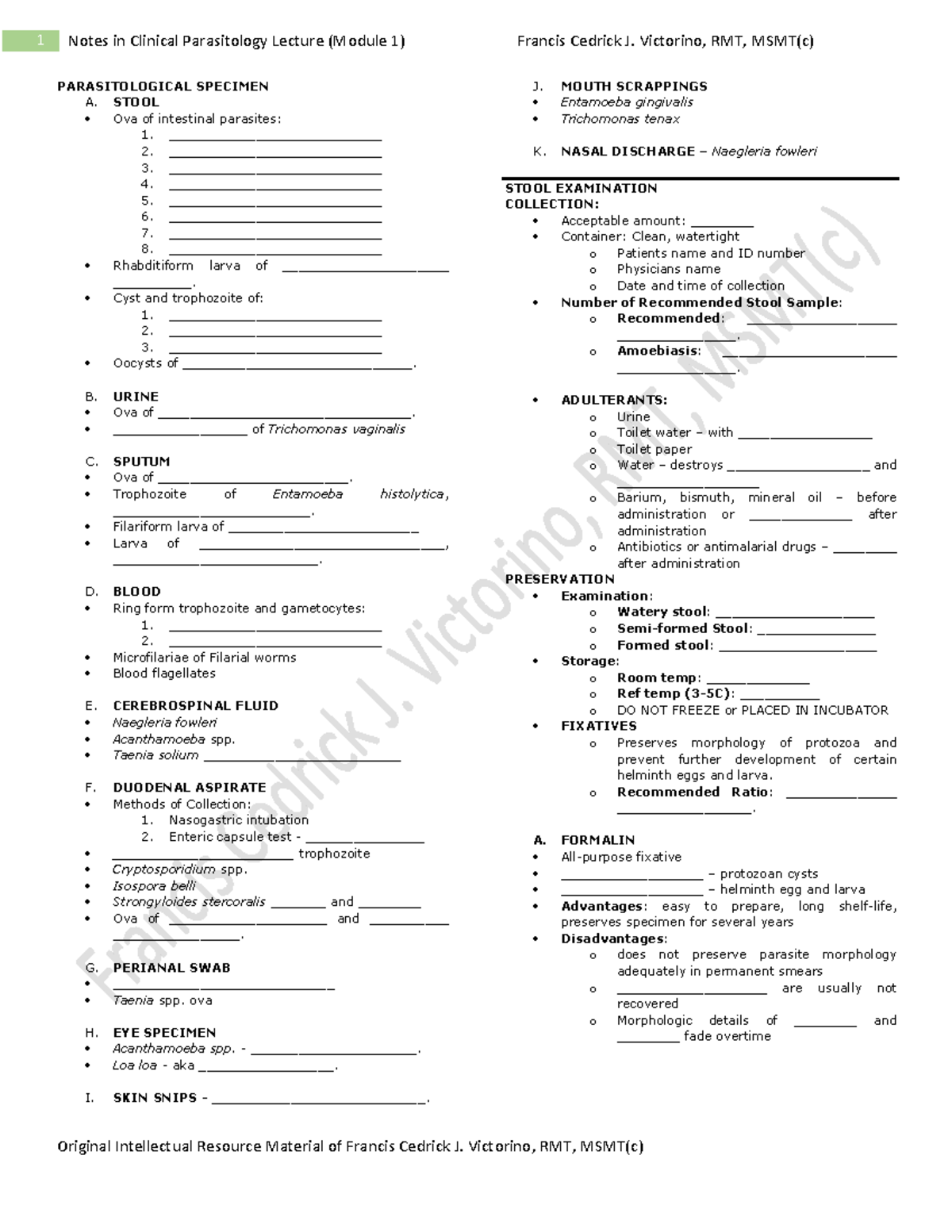 Para Lab Module 1 Notes - PARASITOLOGICAL SPECIMEN A. STOOL Ova of ...