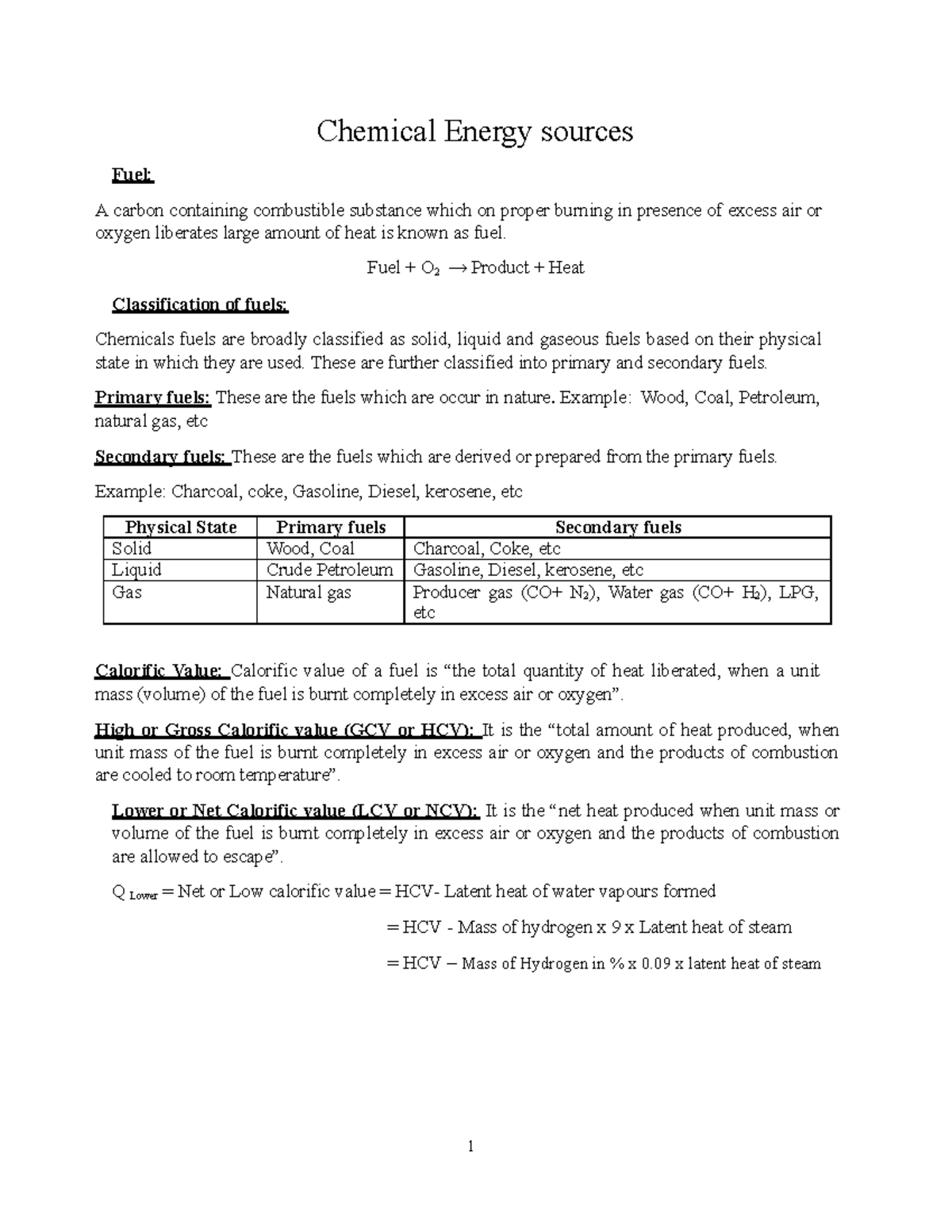 Chemical Energy sources1 1 Fuel Chemical Energy sources A carbon containing combustible