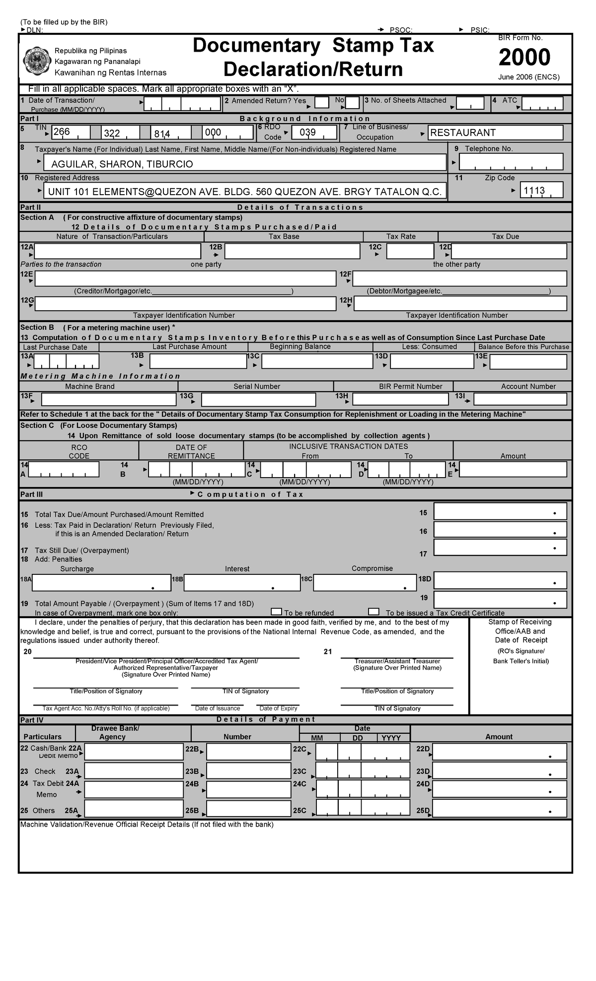 2000 - BIR FORM - (To Be Filled Up By The BIR) DLN: PSOC: PSIC: Fill In ...