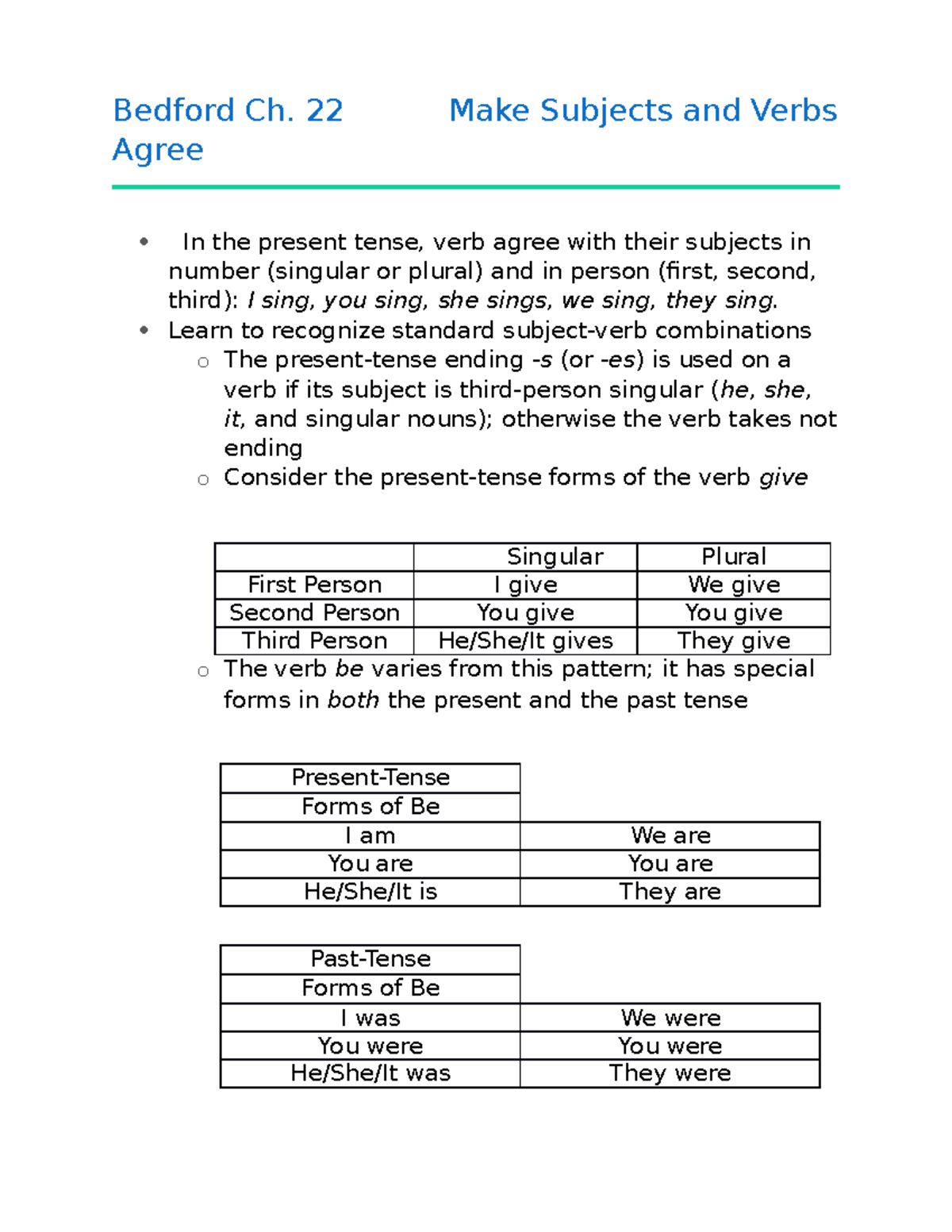 ENG - 101 Bedford Ch. 22 Notes - Bedford Ch. 22 Make Subjects and Verbs ...