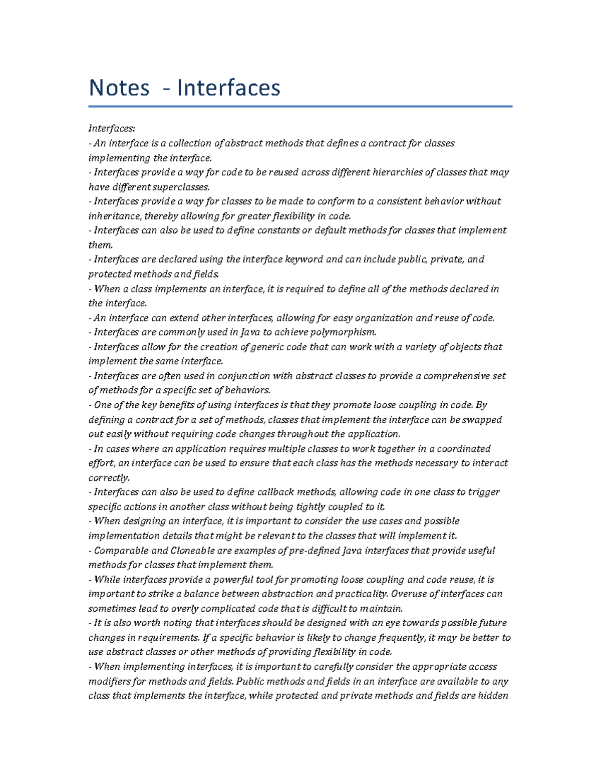 Lecture Notes Interfaces Notes Interfaces Interfaces An