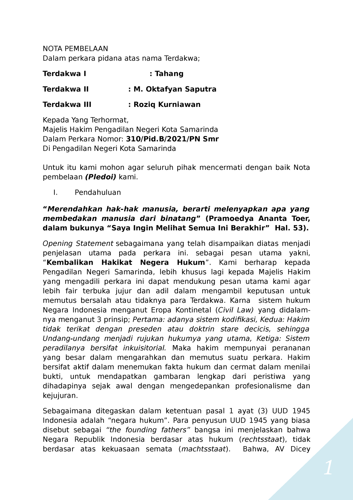 Pledoi Perkara Nomor: 310/Pid.B/2021/PN Smr - NOTA PEMBELAAN Dalam ...