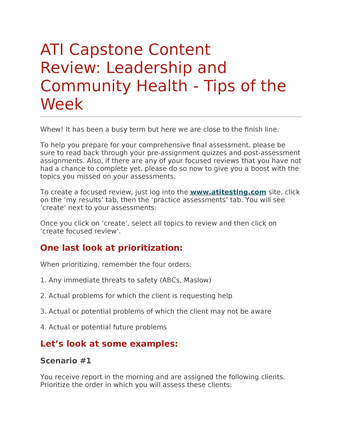 Leadership Weekly Tip Capstone - ATI Capstone Content Review ...