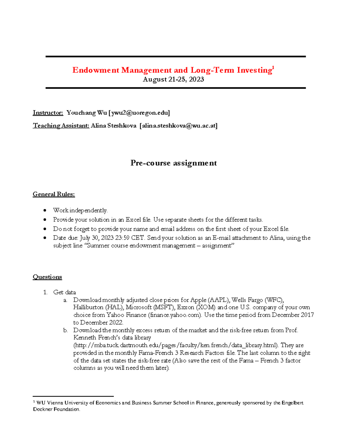 WU Summer School in Finance 2023 Pre Course Assignment - Asset ...