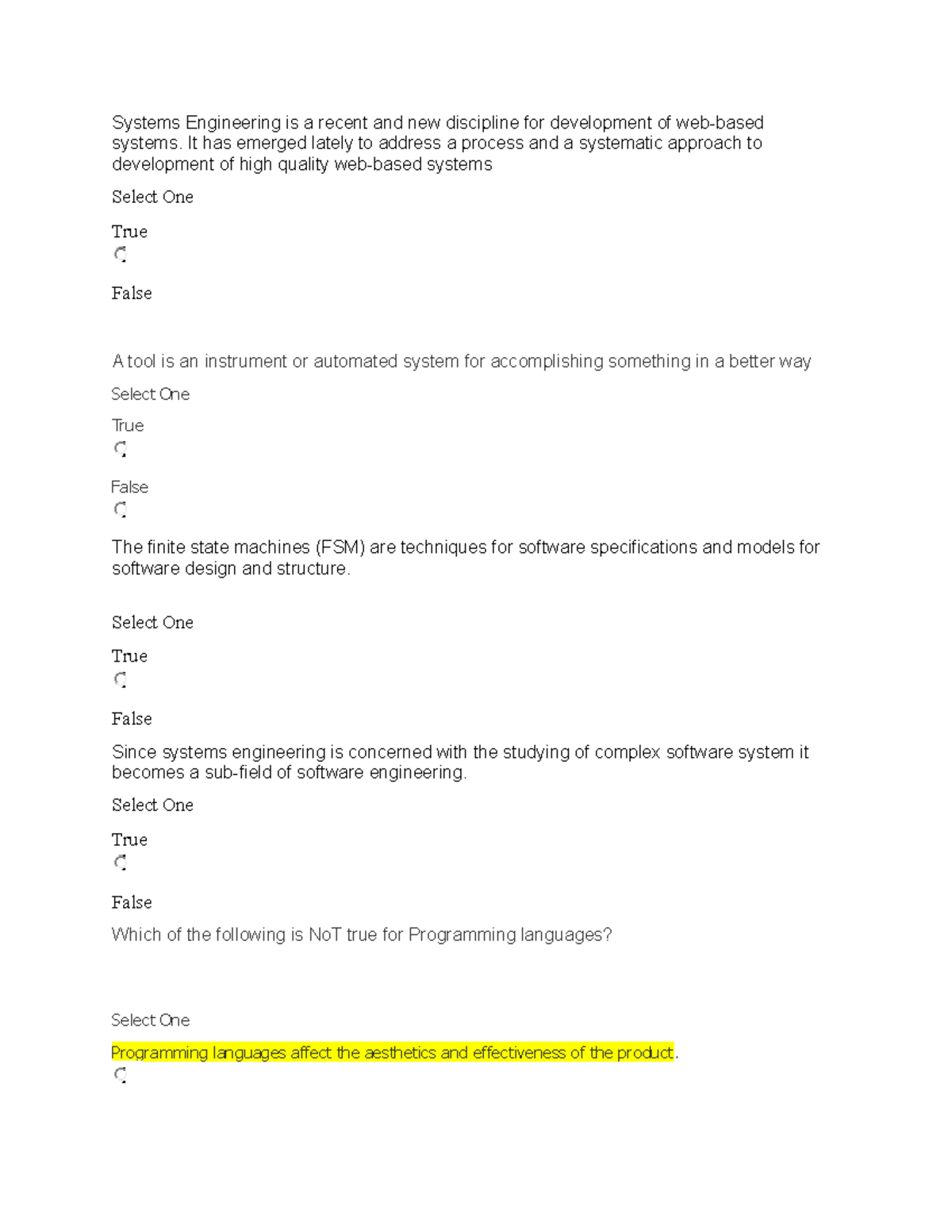 Quiz 2 software engineering Systems Engineering is a recent and new