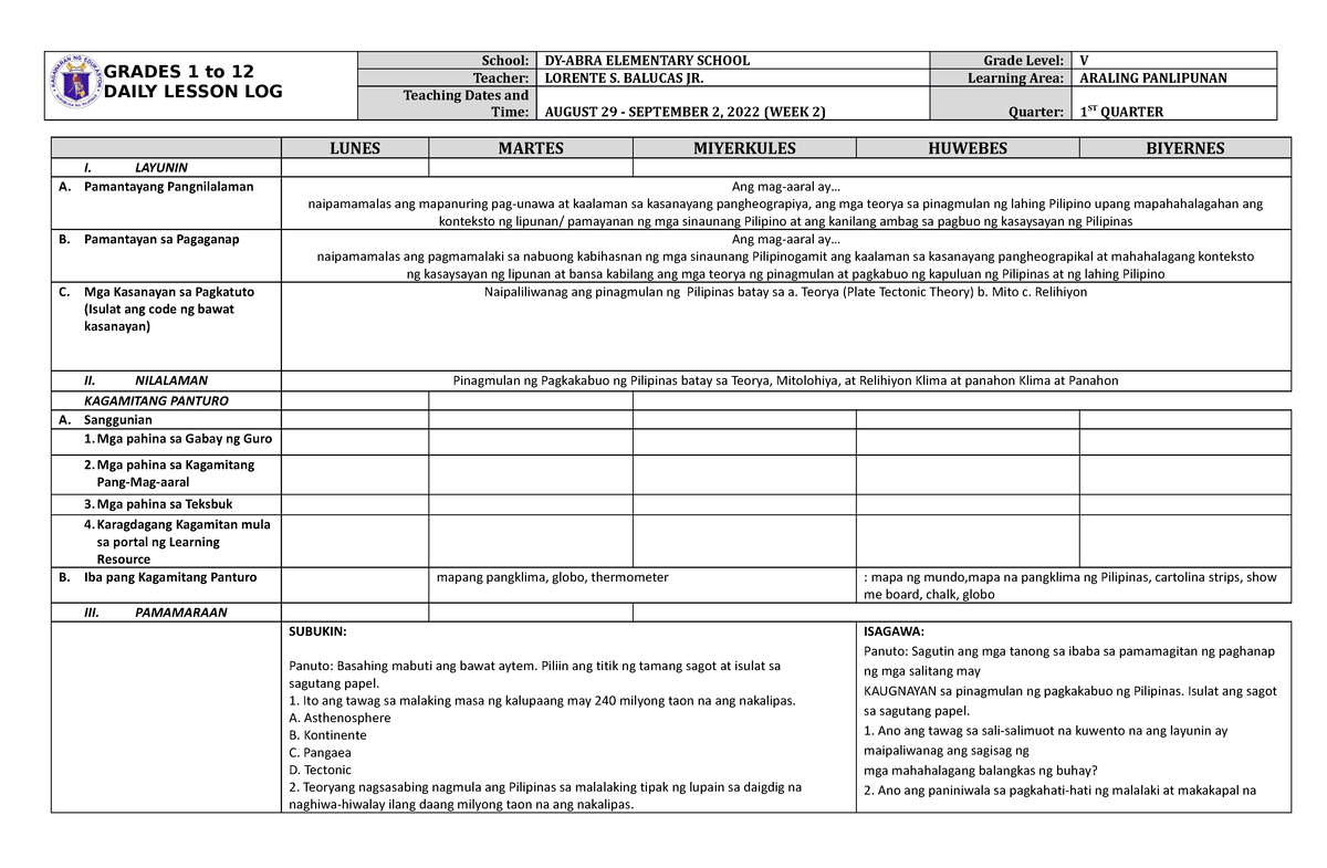 Dll Araling Panlipunan 5 Q1 W2 Grades 1 To 12 Daily Lesson Log School Dy Abra Elementary 8072