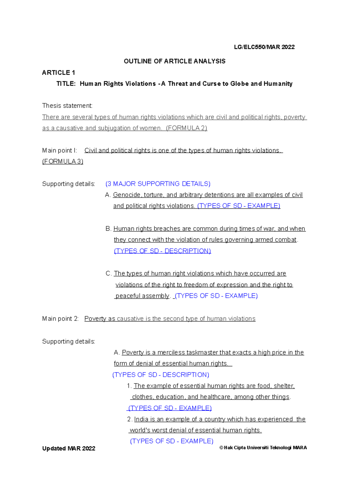 ELC550 Format OF AA Outline MAR 2022 OUTLINE OF ARTICLE ANALYSIS ARTICLE 1 TITLE Human 