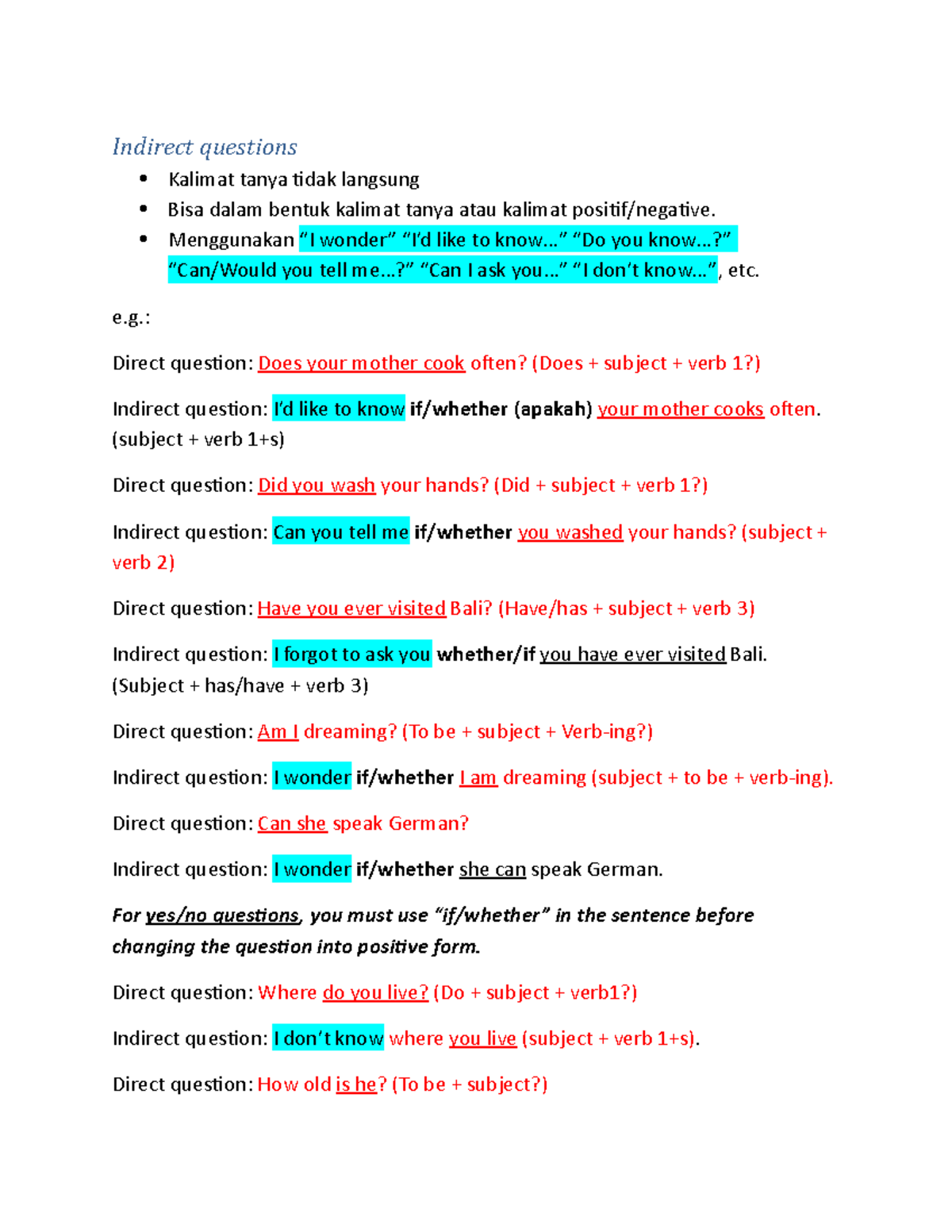 Grammar - Indirect Questions - Indirect questions Kalimat tanya tidak ...