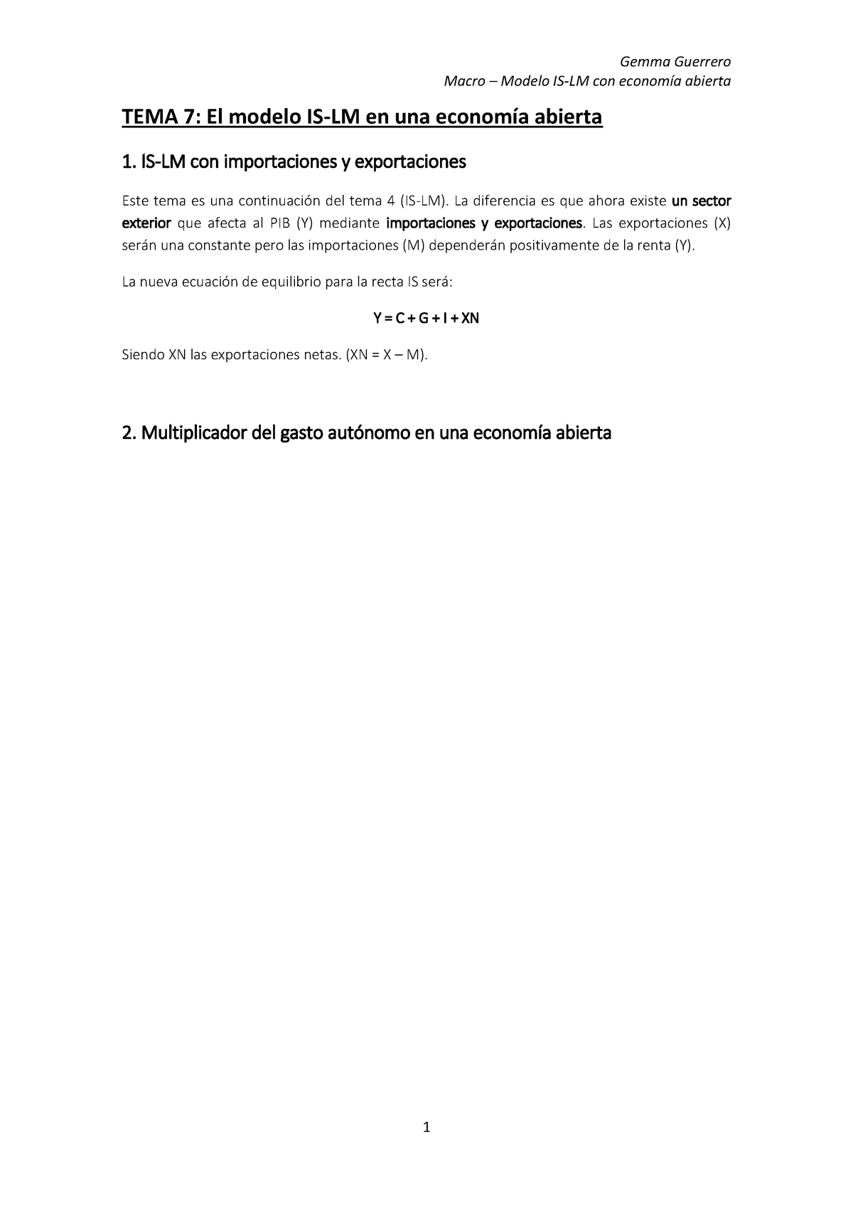 Tema 7 - Modelo IS-LM con economía abierta - Warning: TT: undefined  function: 32 Macro – Modelo - Studocu