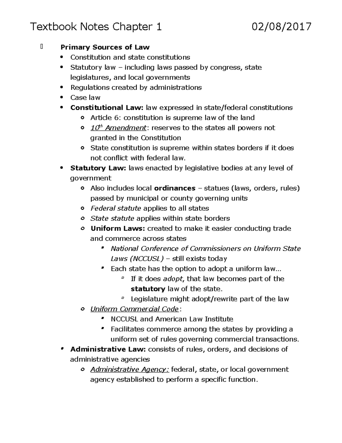 Textbook Notes Ch 15 Textbook Notes Chapter 1 Primary Sources of Law
