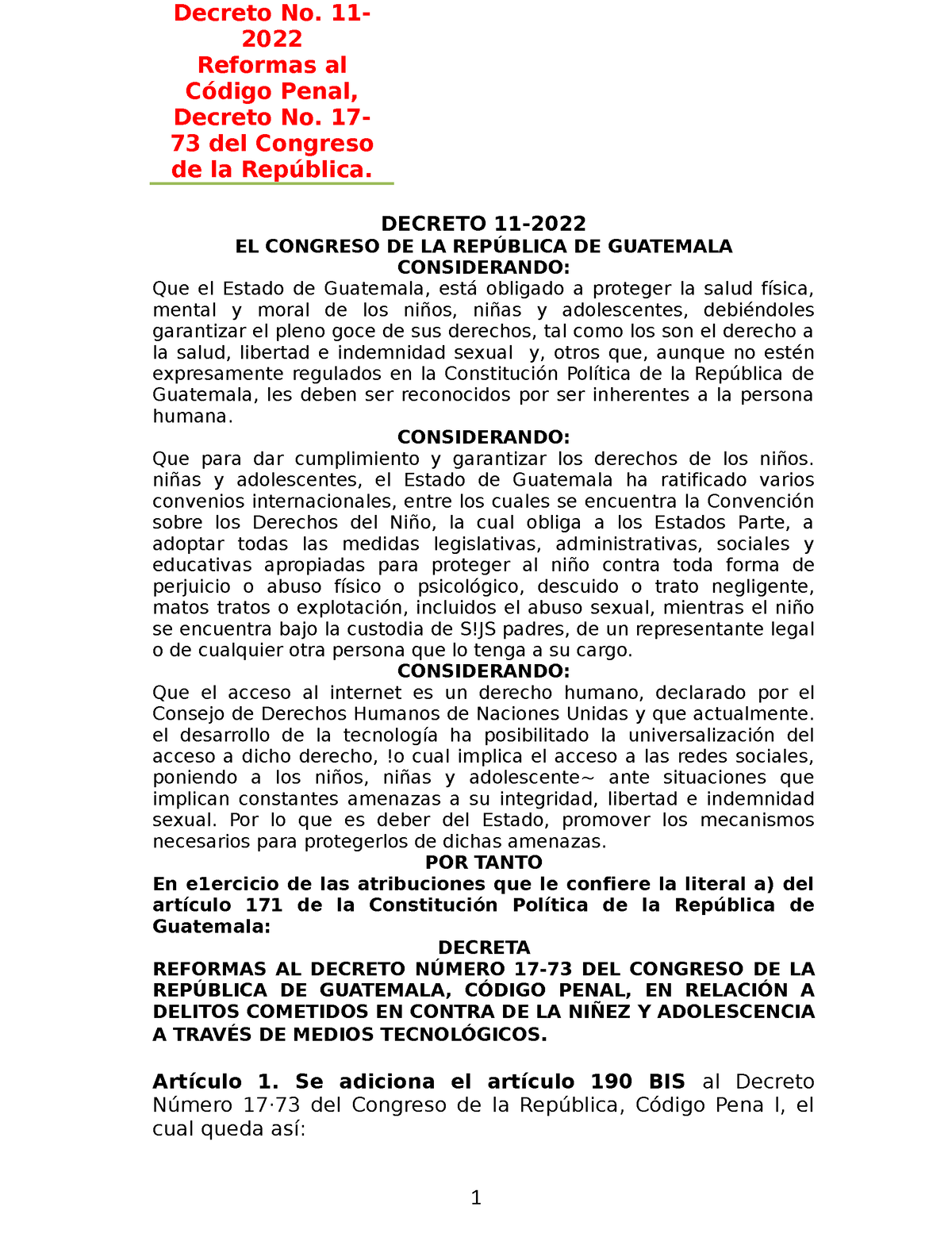 Reformas al Codigo penal dto 112022 Decreto No. 11 2022 Reformas al