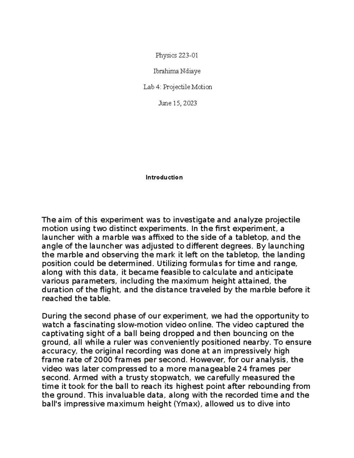 projectile motion experiment lab report discussion