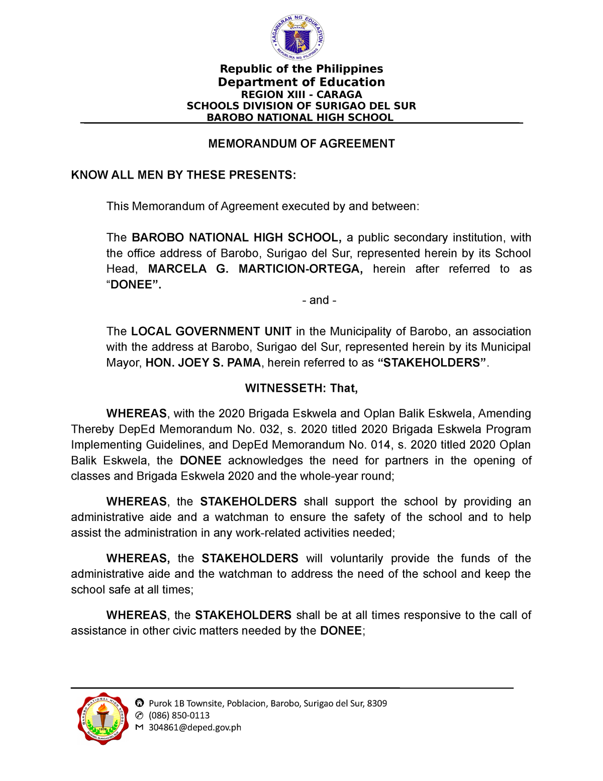 Memorandum Of Agreement Lgu Finale Republic Of The Philippines Department Of Education Region 5102