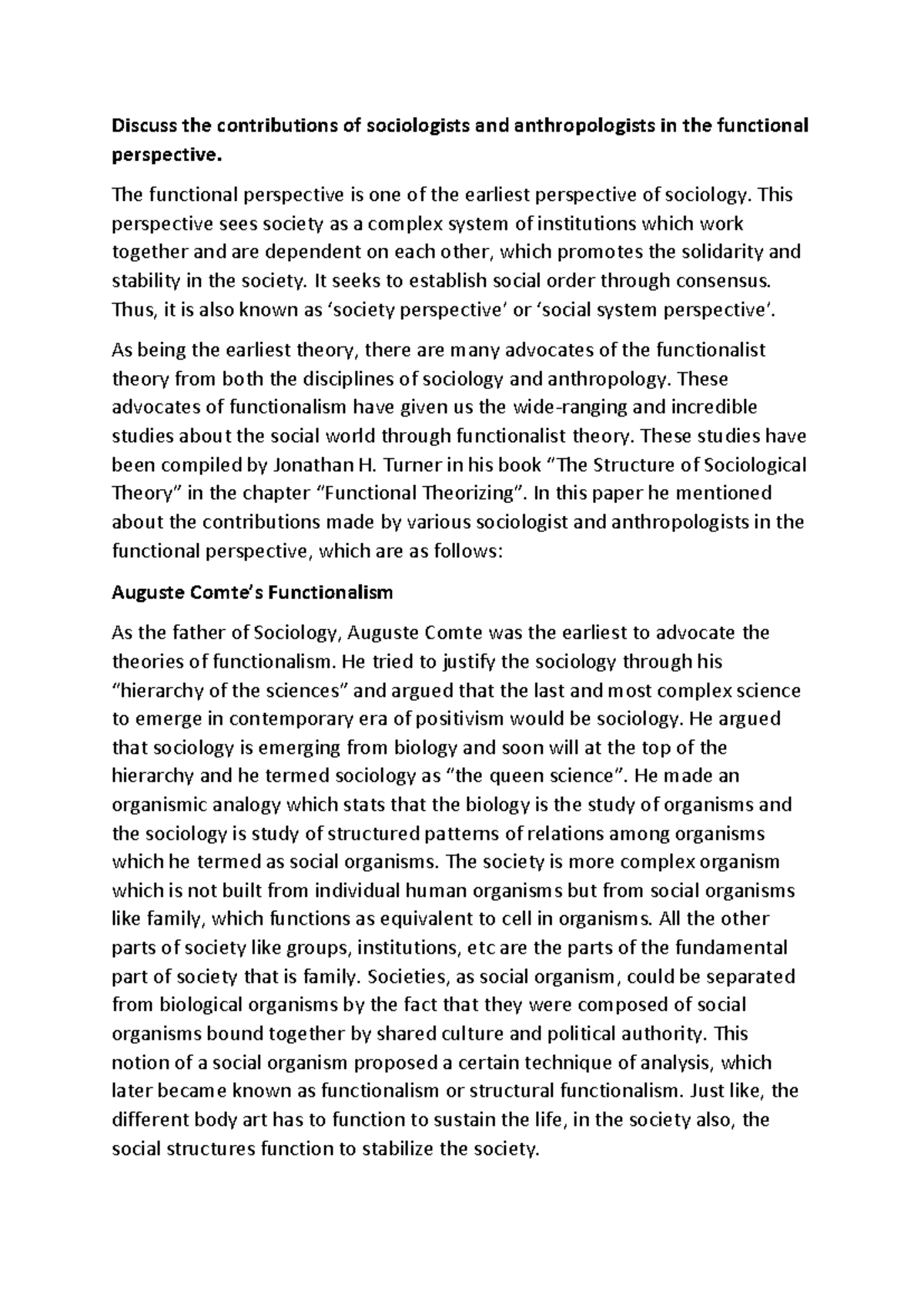 Functionalism - Discuss the contributions of sociologists and ...