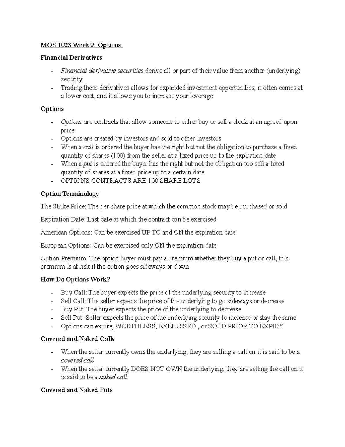 MOS 1023 Week 9 - Lecture notes for Class - MOS 1023 Week 9: Options ...