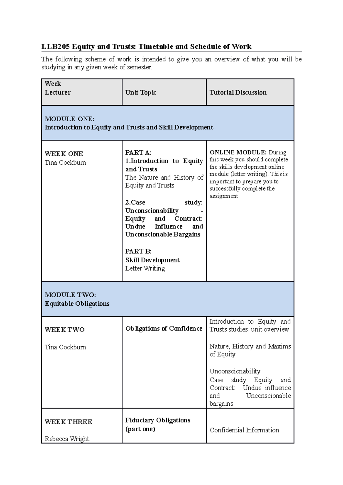 LLB205 Equity and Trusts Schedule of Work - LLB205 Equity and Trusts ...