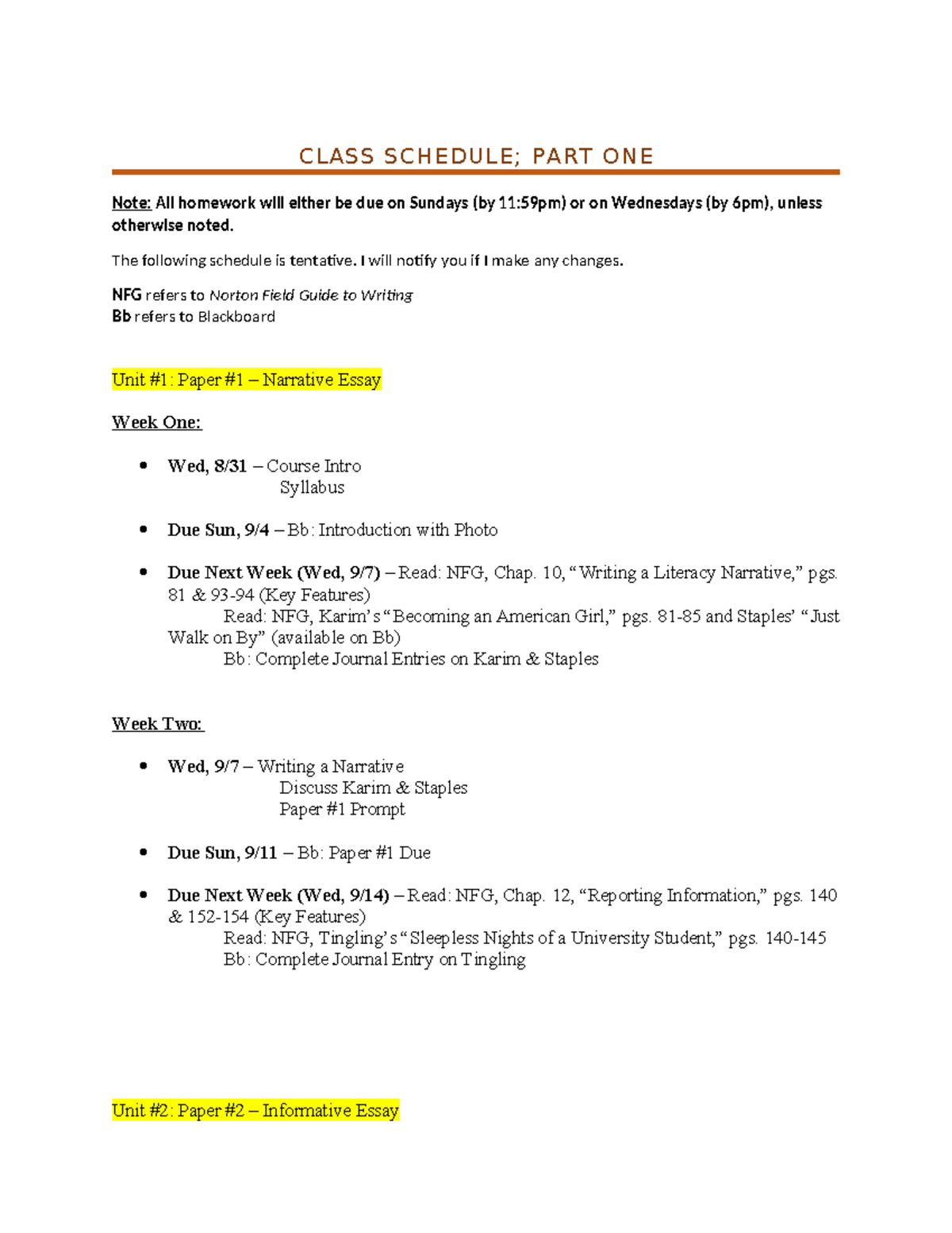 W ENGL 101 Tentative Schedule Part 1 - CLASS SCHEDULE; PART ONE Note ...