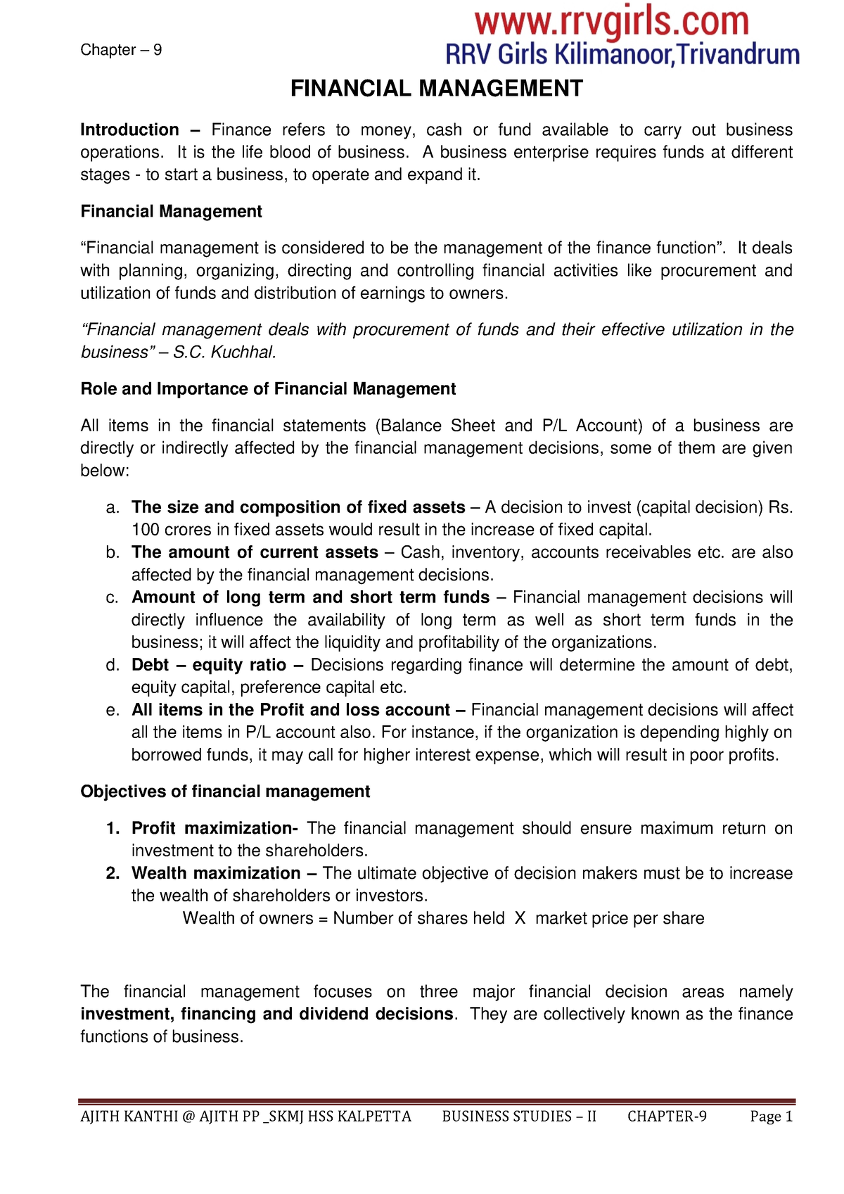 Chapter 9 Financial Management - Chapter – 9 FINANCIAL MANAGEMENT ...