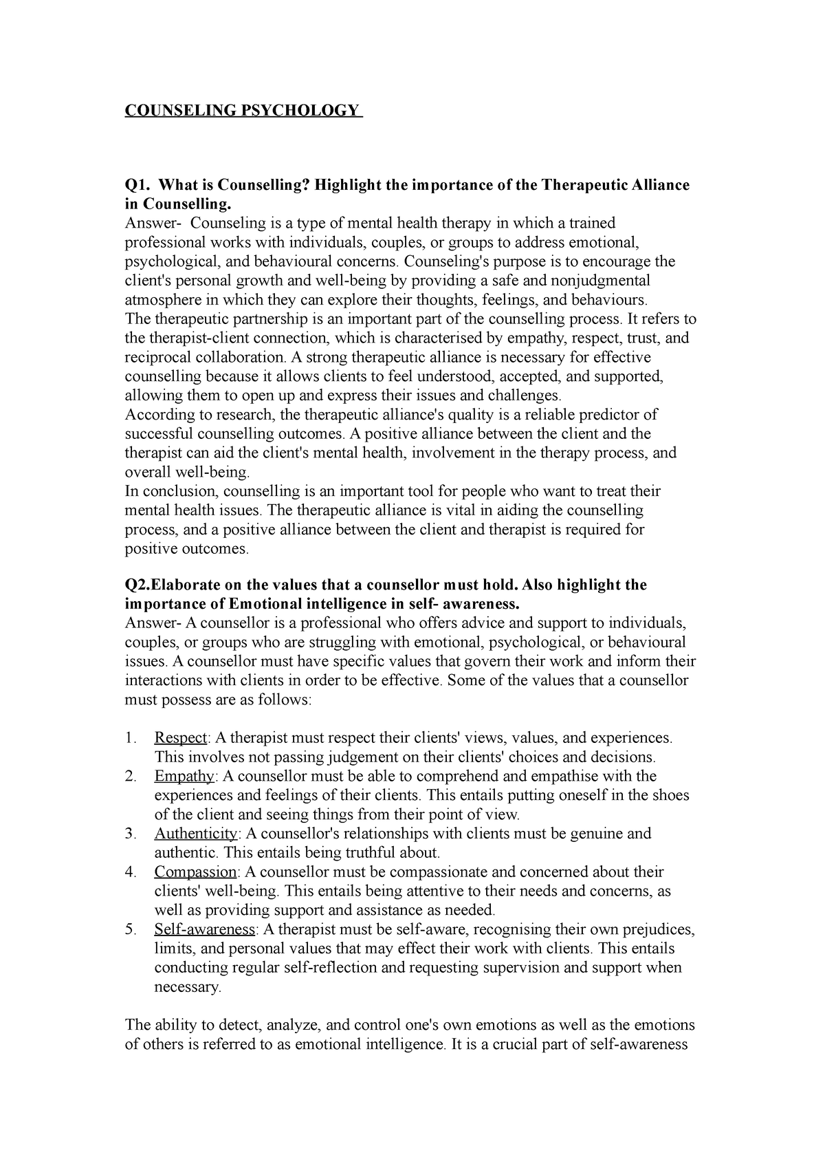 Counseling Psychology - COUNSELING PSYCHOLOGY Q1. What is Counselling ...