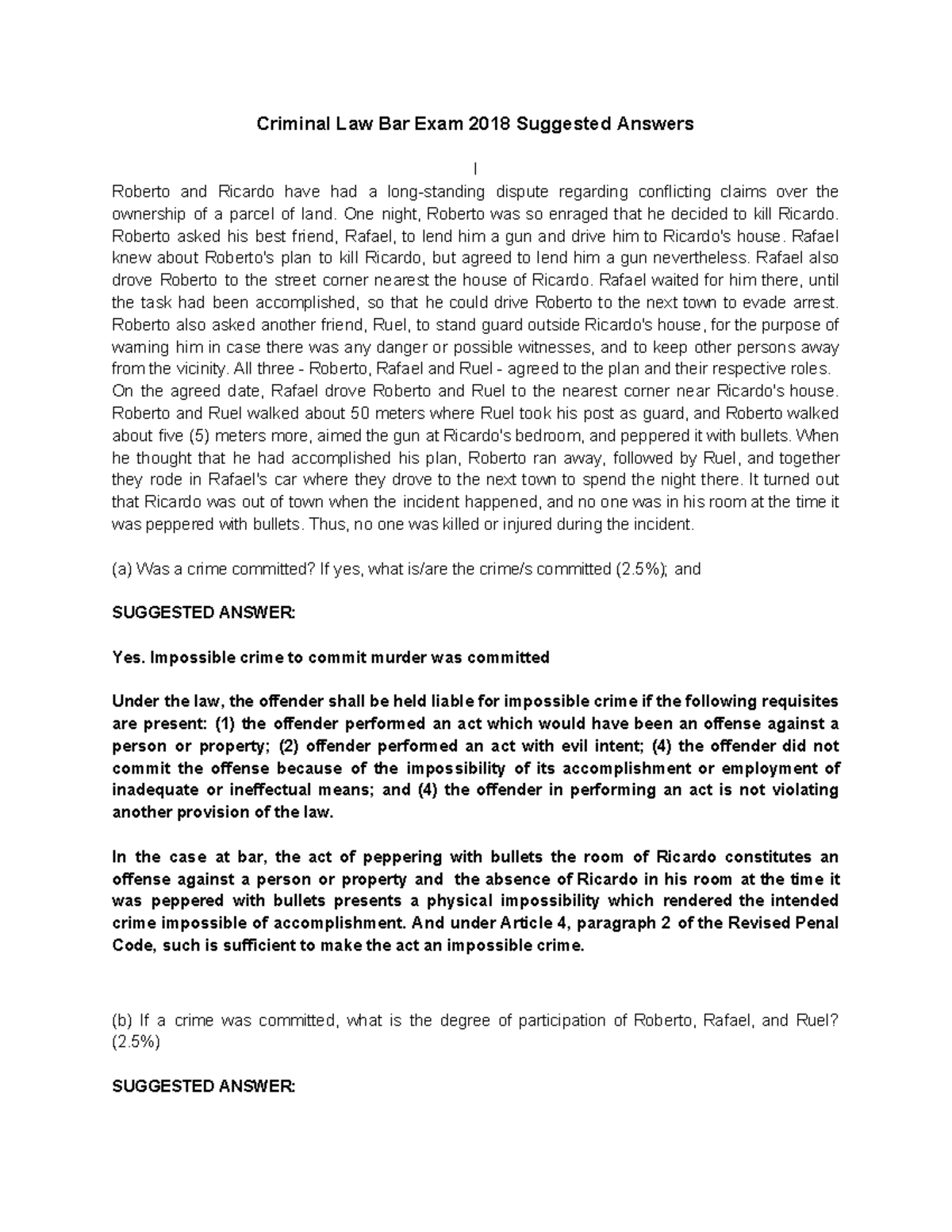 2018 CRIM LAW BAR Questions and Answers Criminal Law Bar Exam 2018